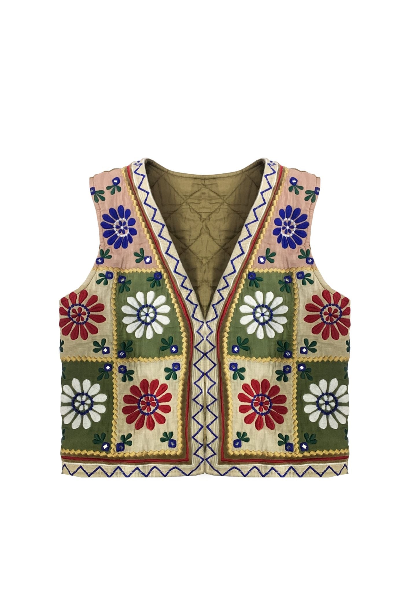 Embroidered patchwork bolero in khaki velvet