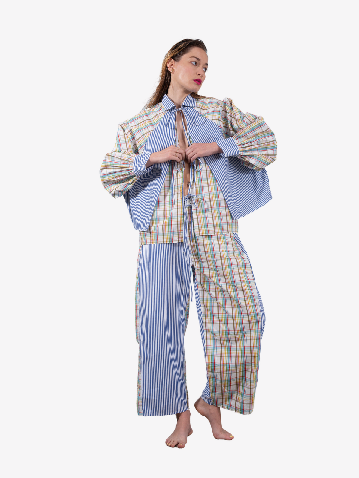 SATYA blue tartan and striped blouse