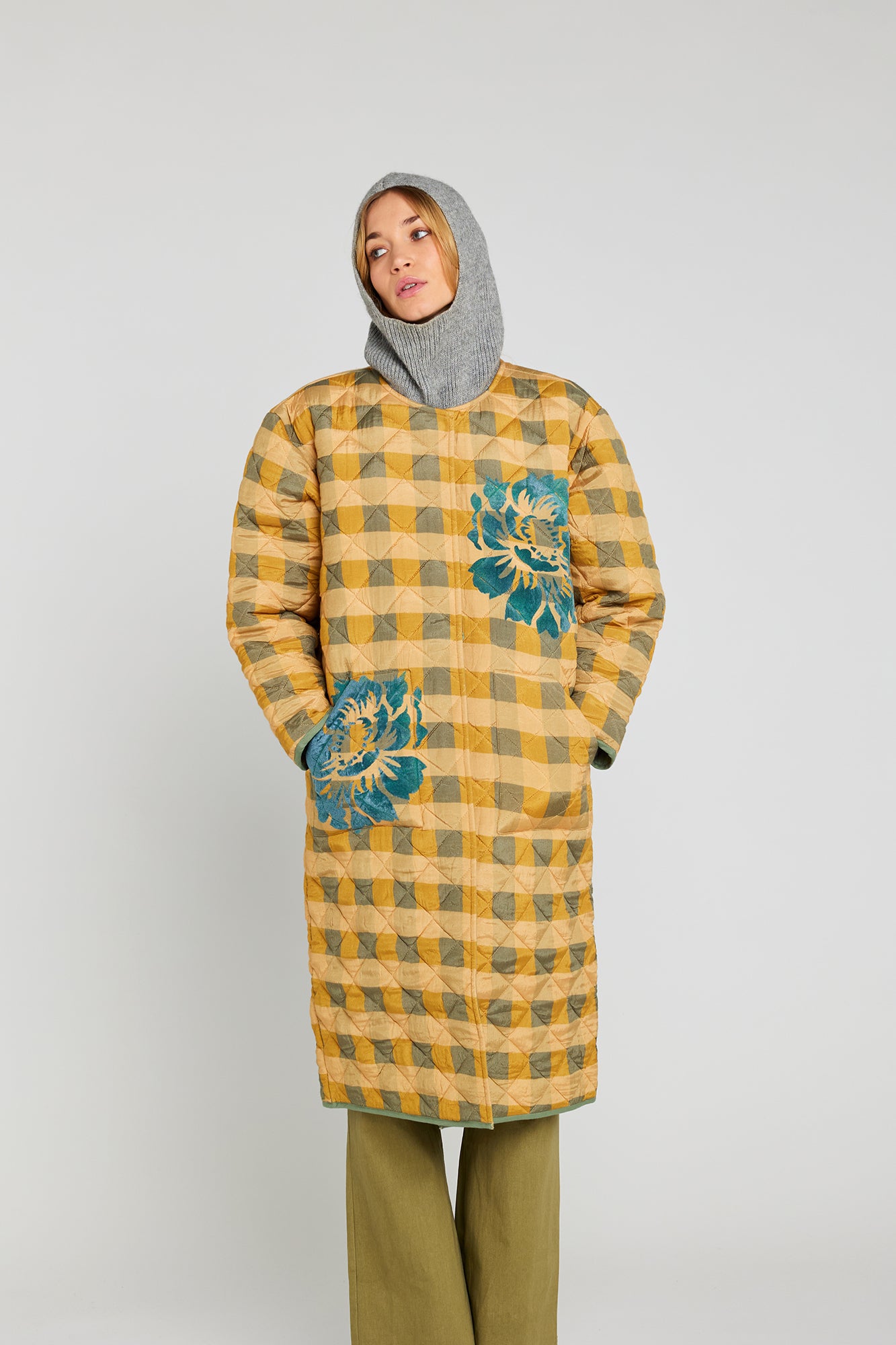 CURIOUS mustard and turquoise checked coat