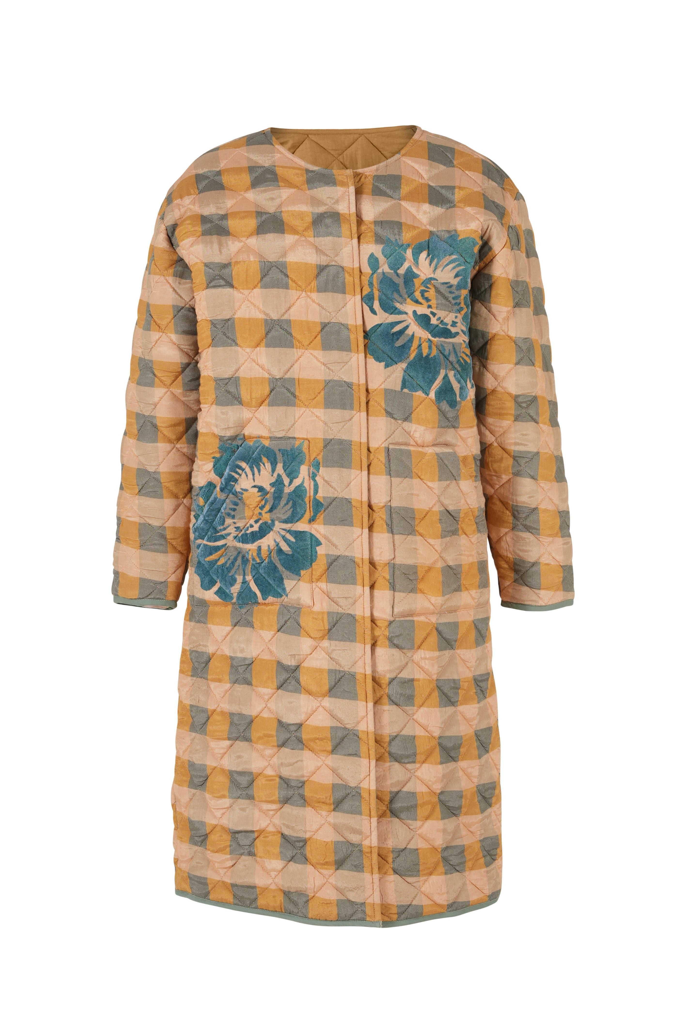 CURIOUS mustard and turquoise checked coat