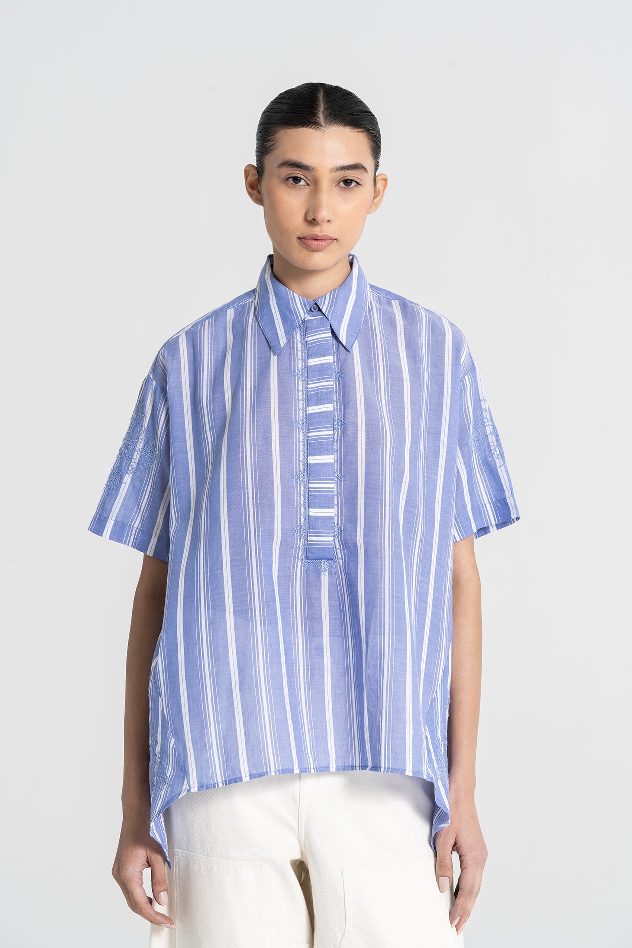 Chemise à rayures bleue brodée BRASILIA