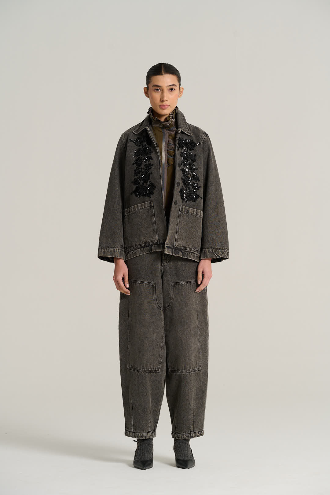 Embroidered black denim jacket EMILE