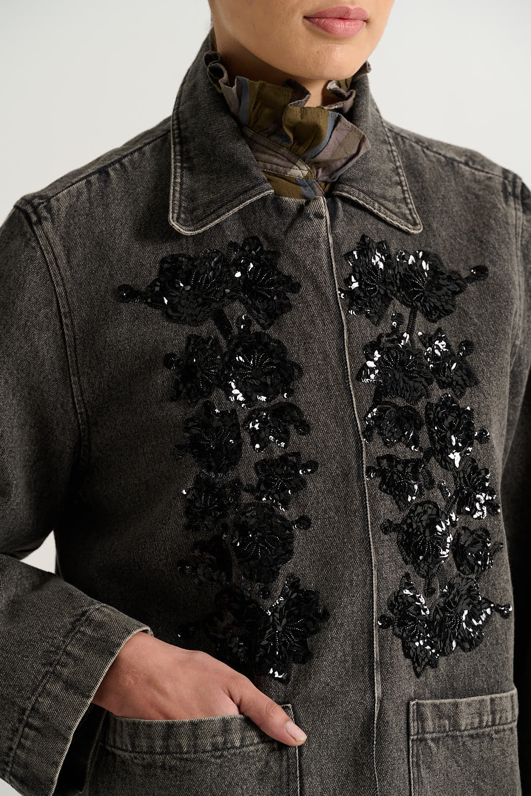 Embroidered black denim jacket EMILE