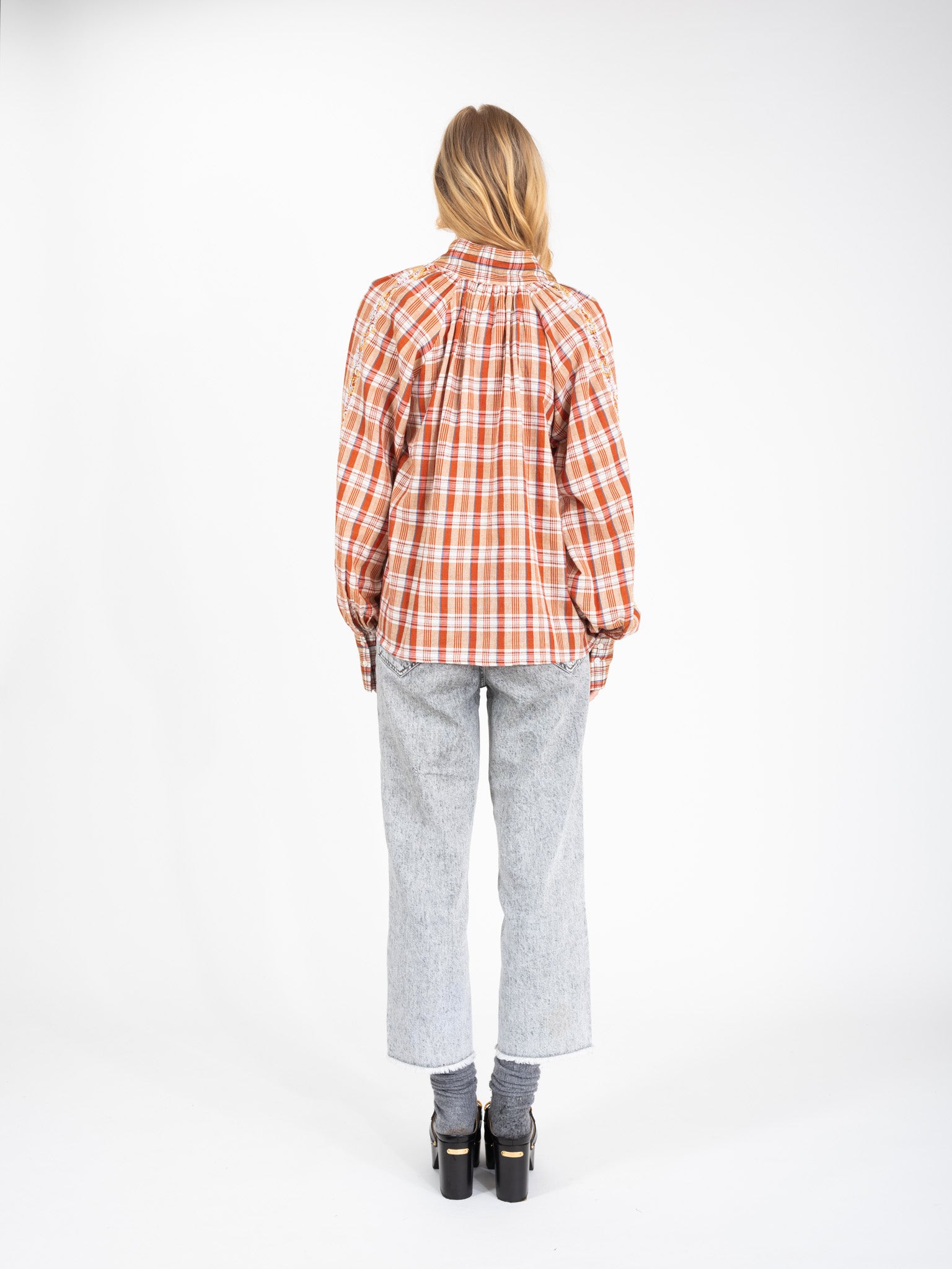 Blouse tartan brique et camel brodée SURPRISE