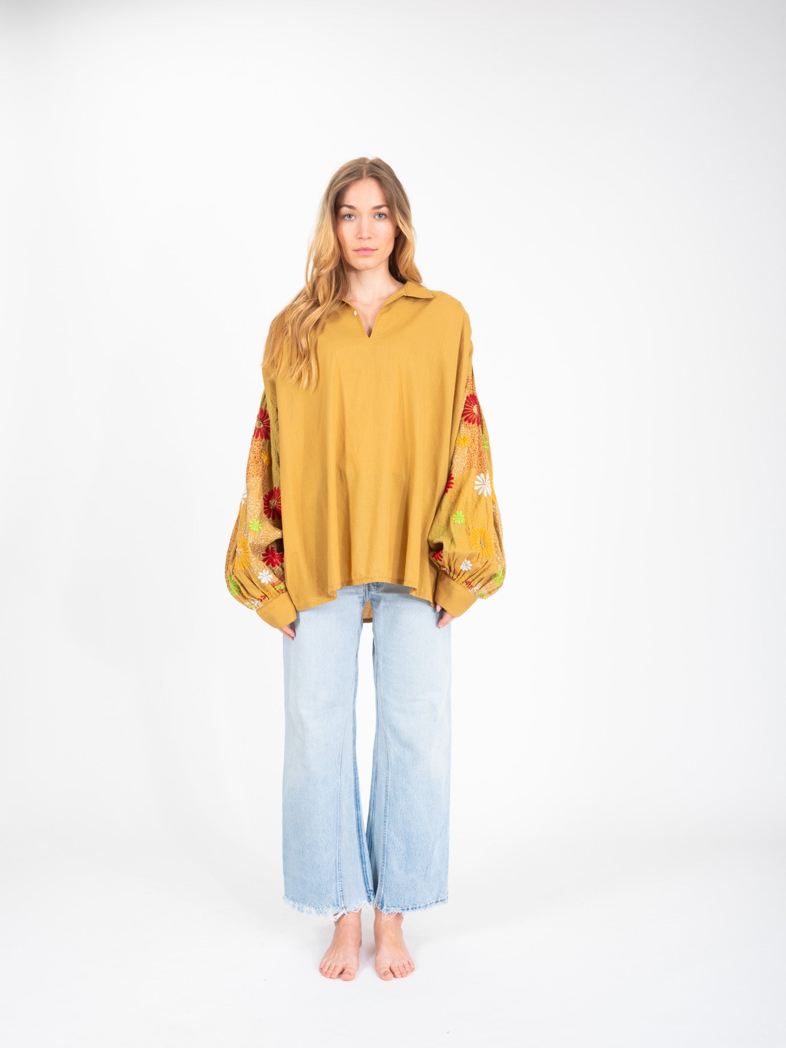 Yioti flower embroidered camel blouse