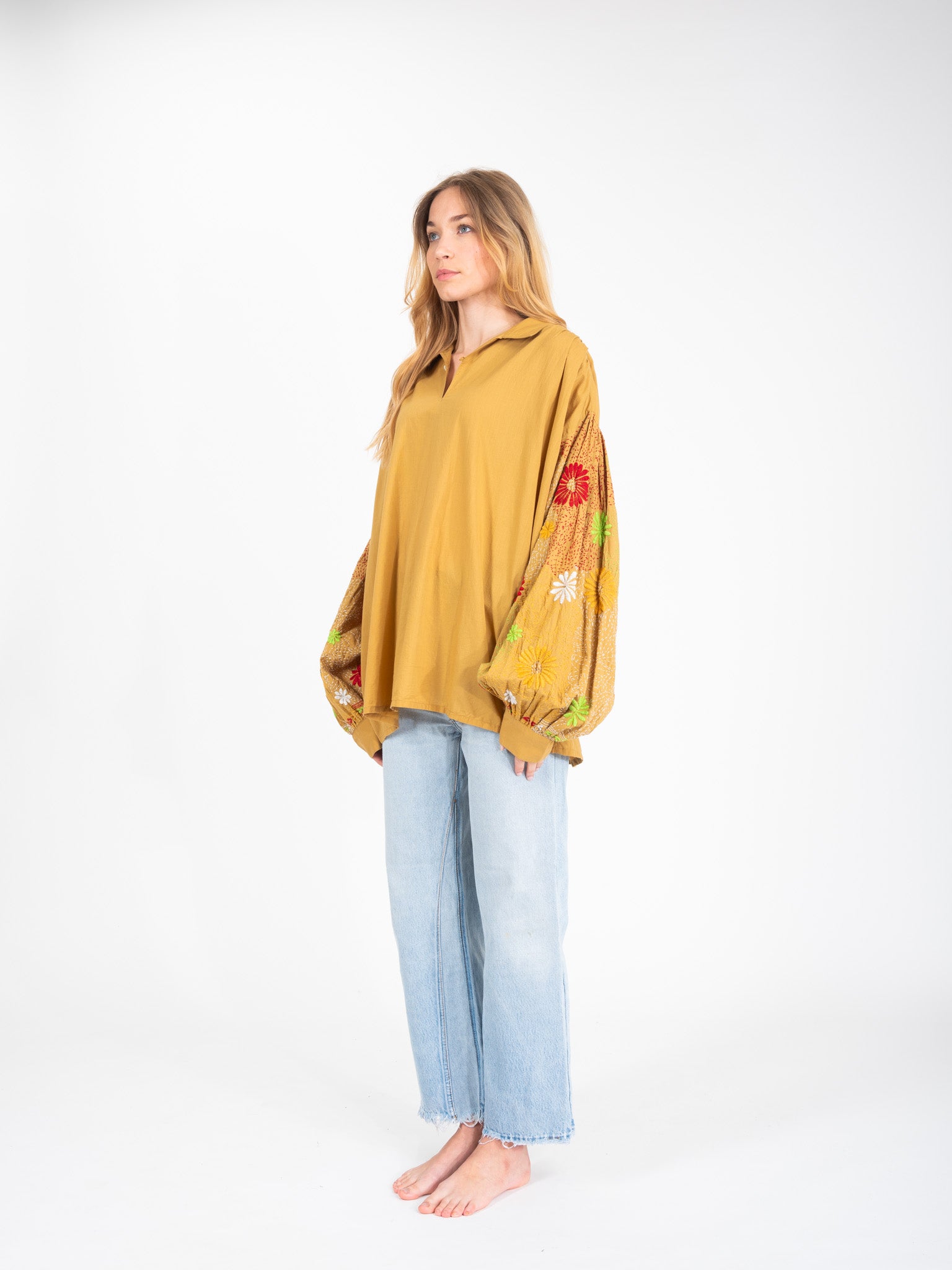 Yioti flower embroidered camel blouse