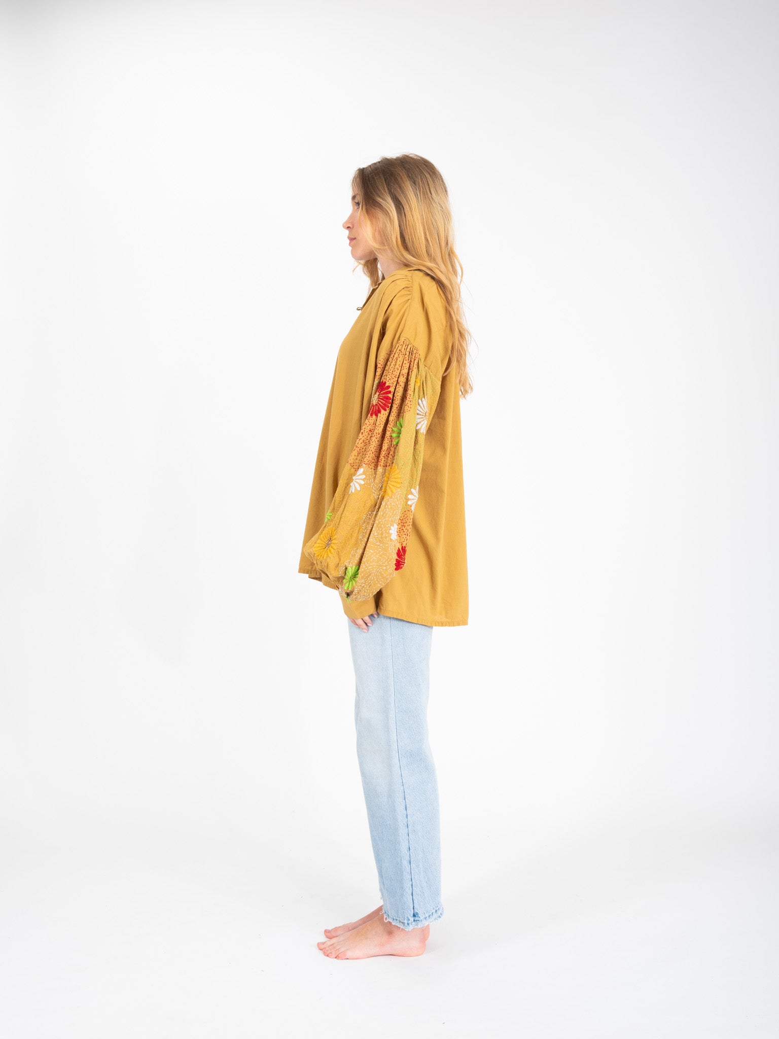 Yioti flower embroidered camel blouse