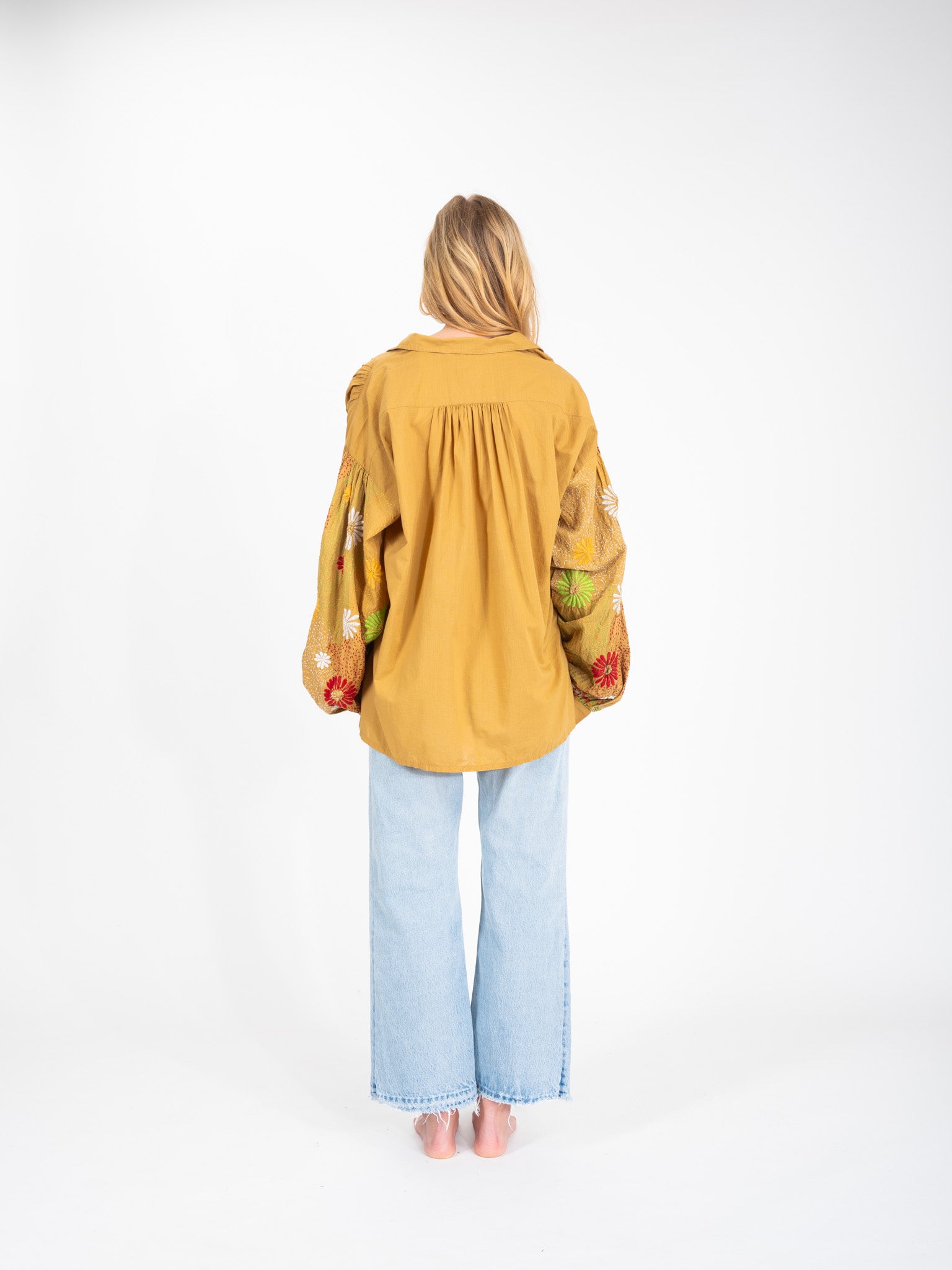 Yioti flower embroidered camel blouse