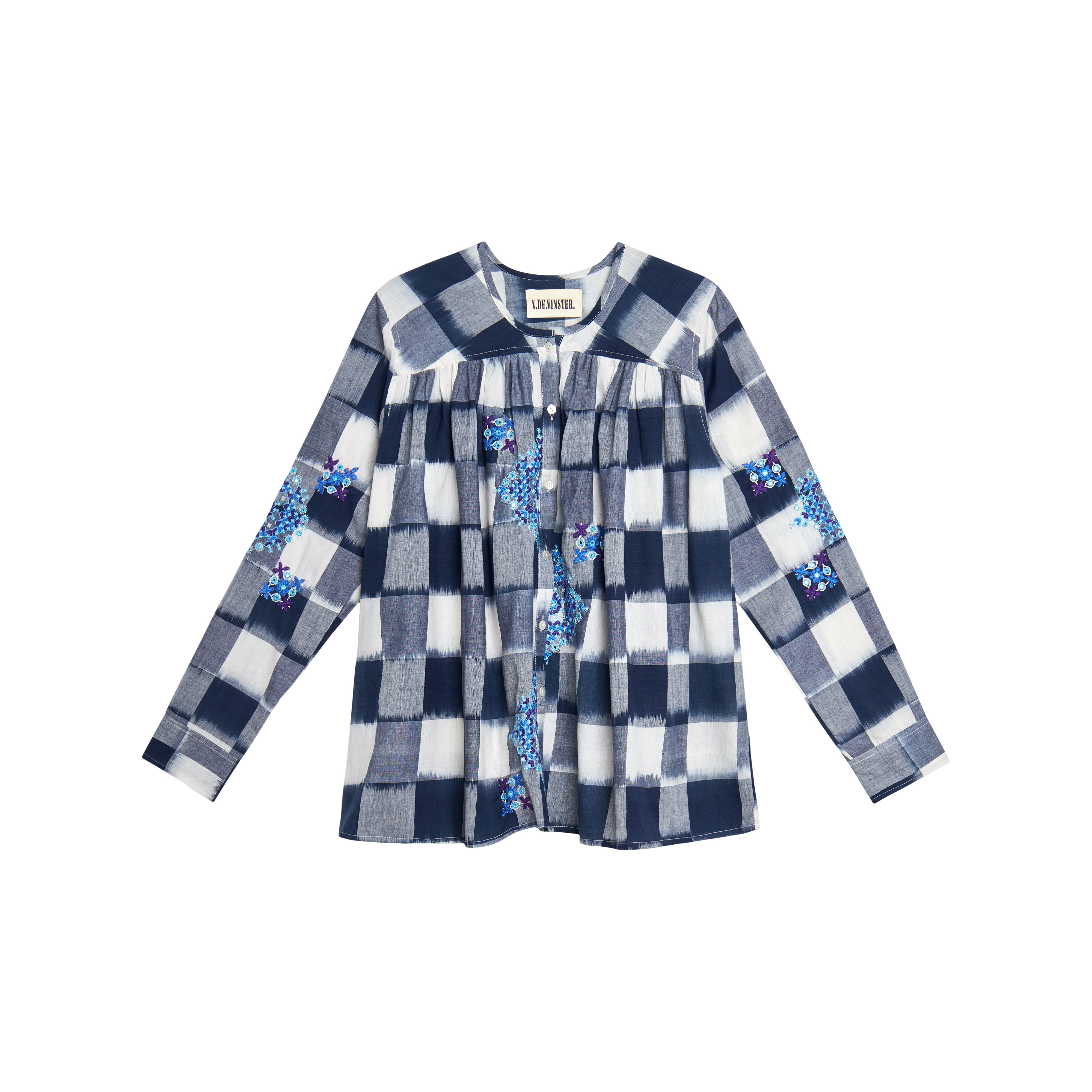 Inji Ikat Embroidered Indigo Tie and Dye Checkered Blouse