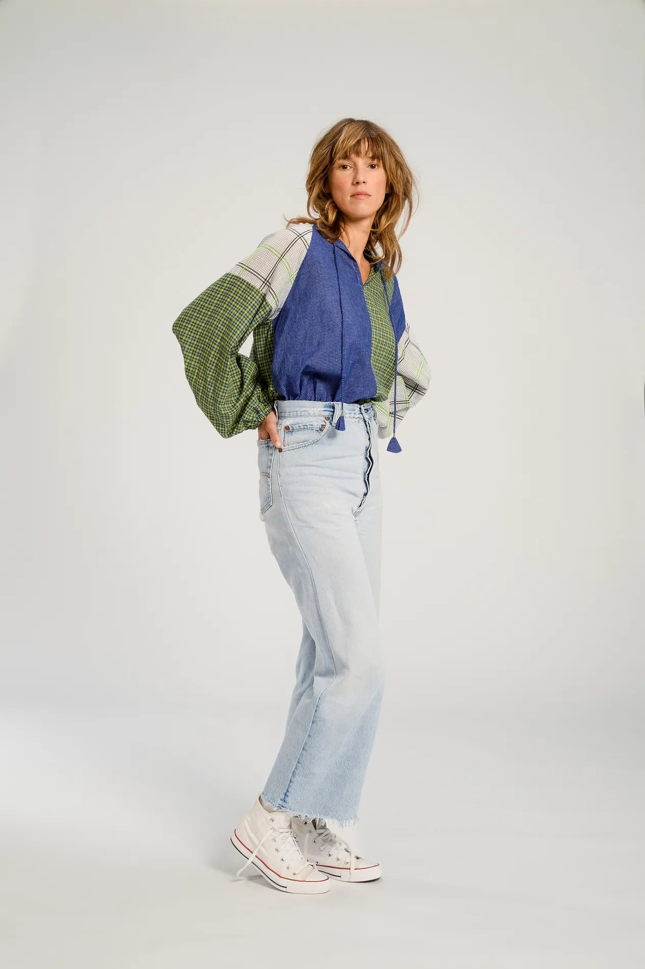 PUSHKAR blue patchwork blouse