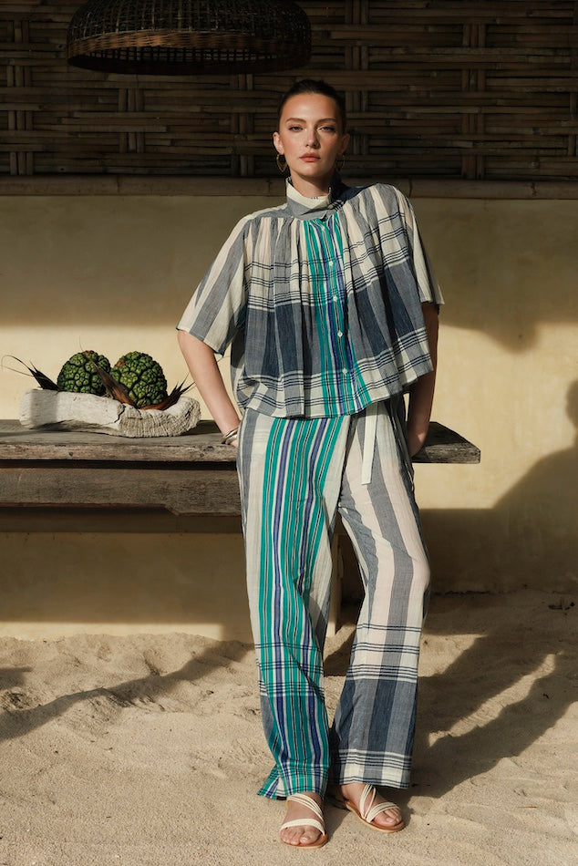 Pantalon bleu à carreaux SAKAI