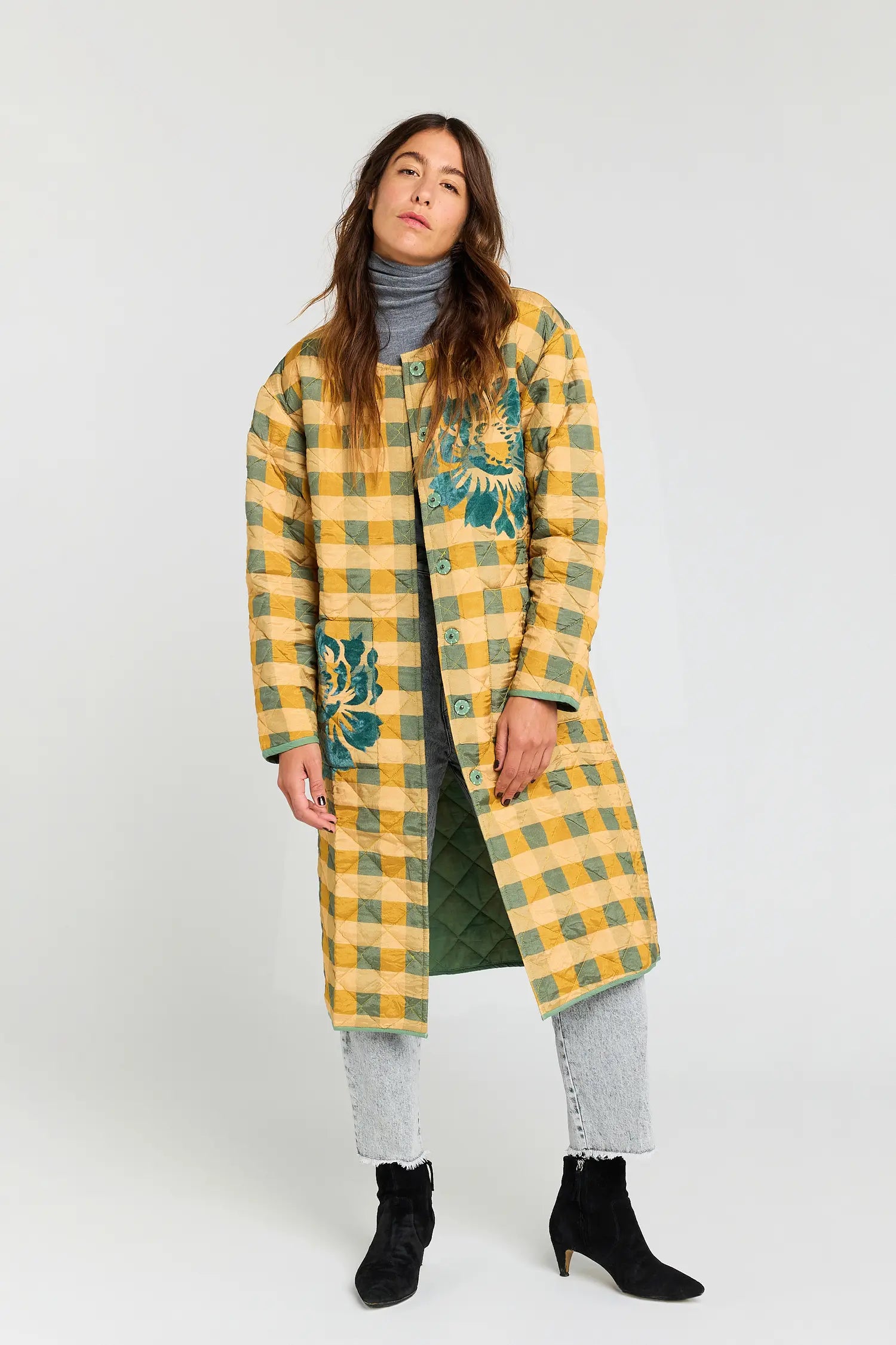 CURIOUS mustard and turquoise checked coat