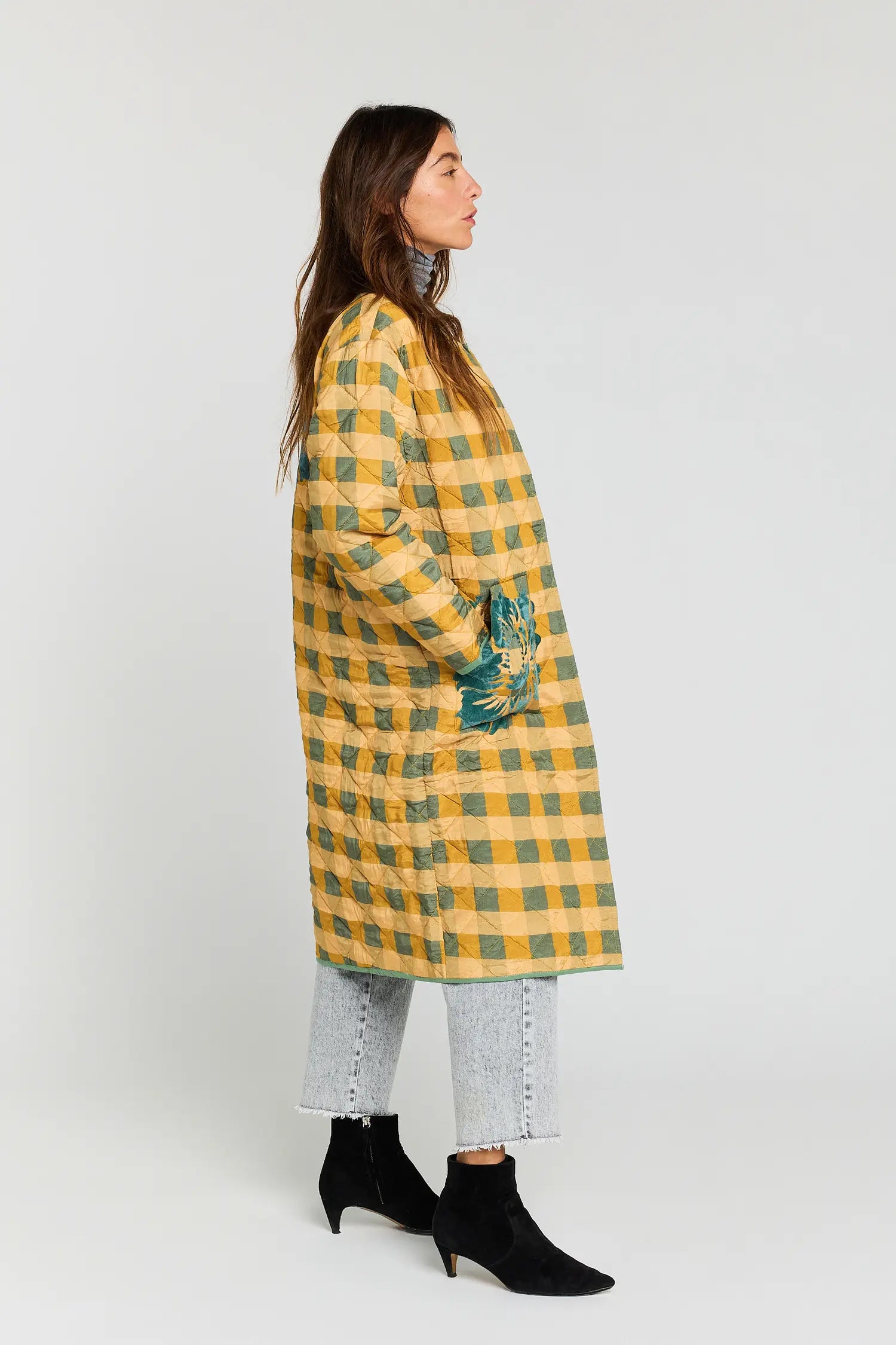 CURIOUS mustard and turquoise checked coat