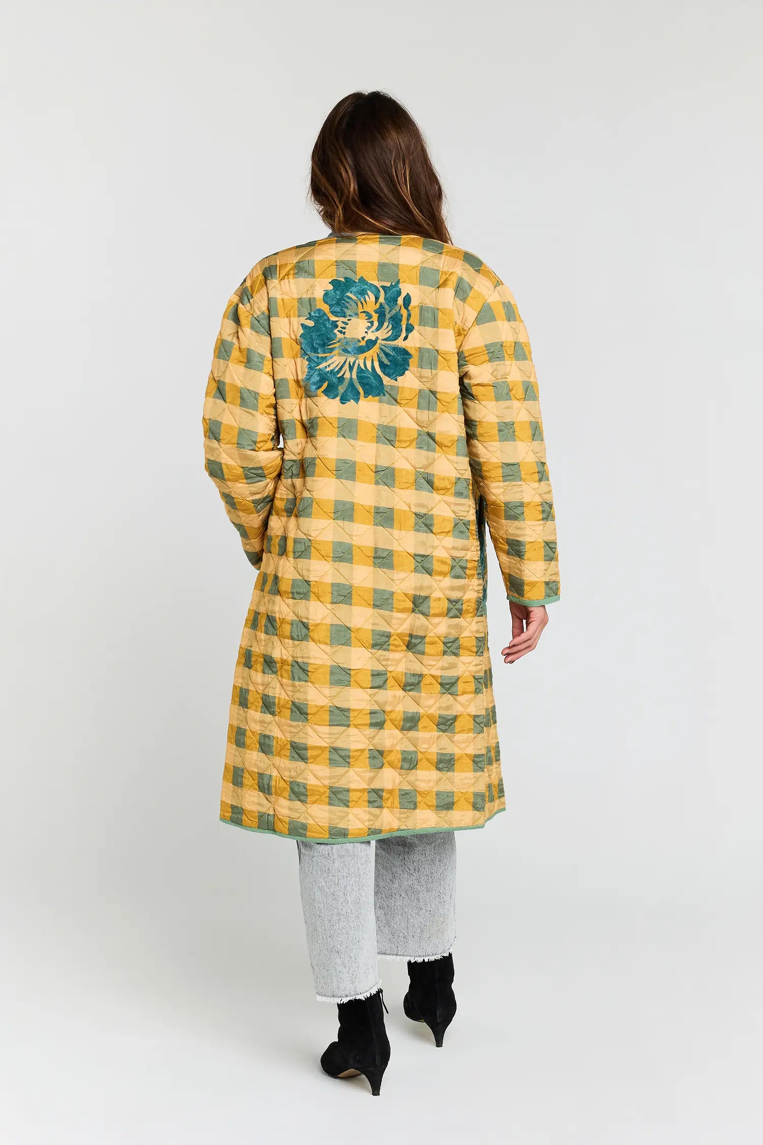 CURIOUS mustard and turquoise checked coat