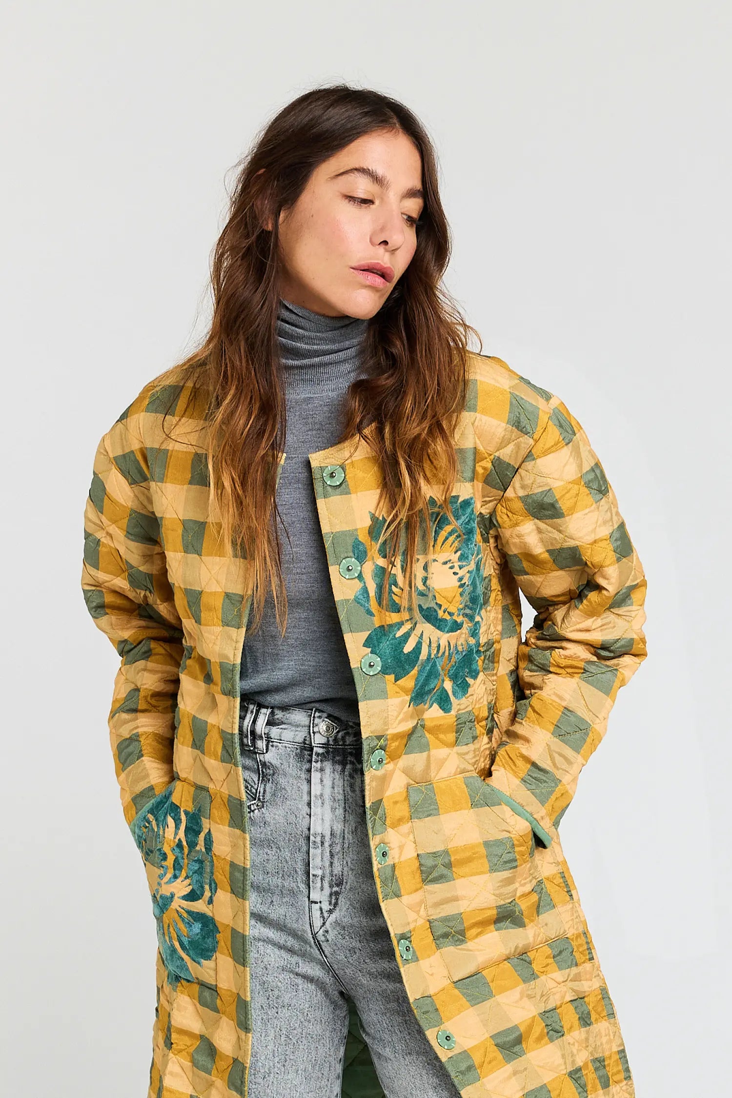 CURIOUS mustard and turquoise checked coat