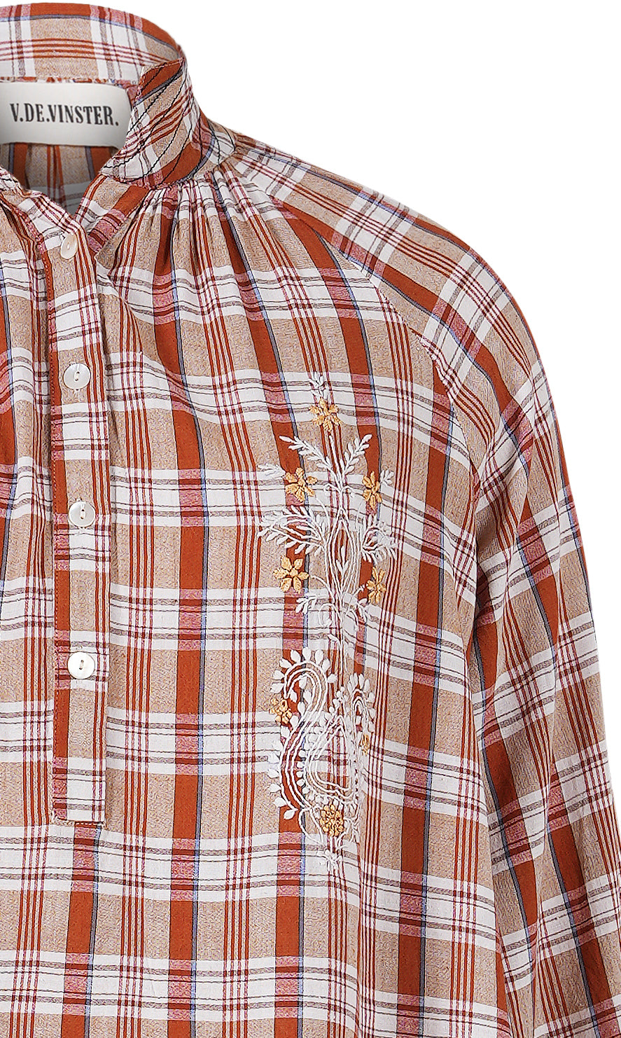 Blouse tartan brique et camel brodée SURPRISE