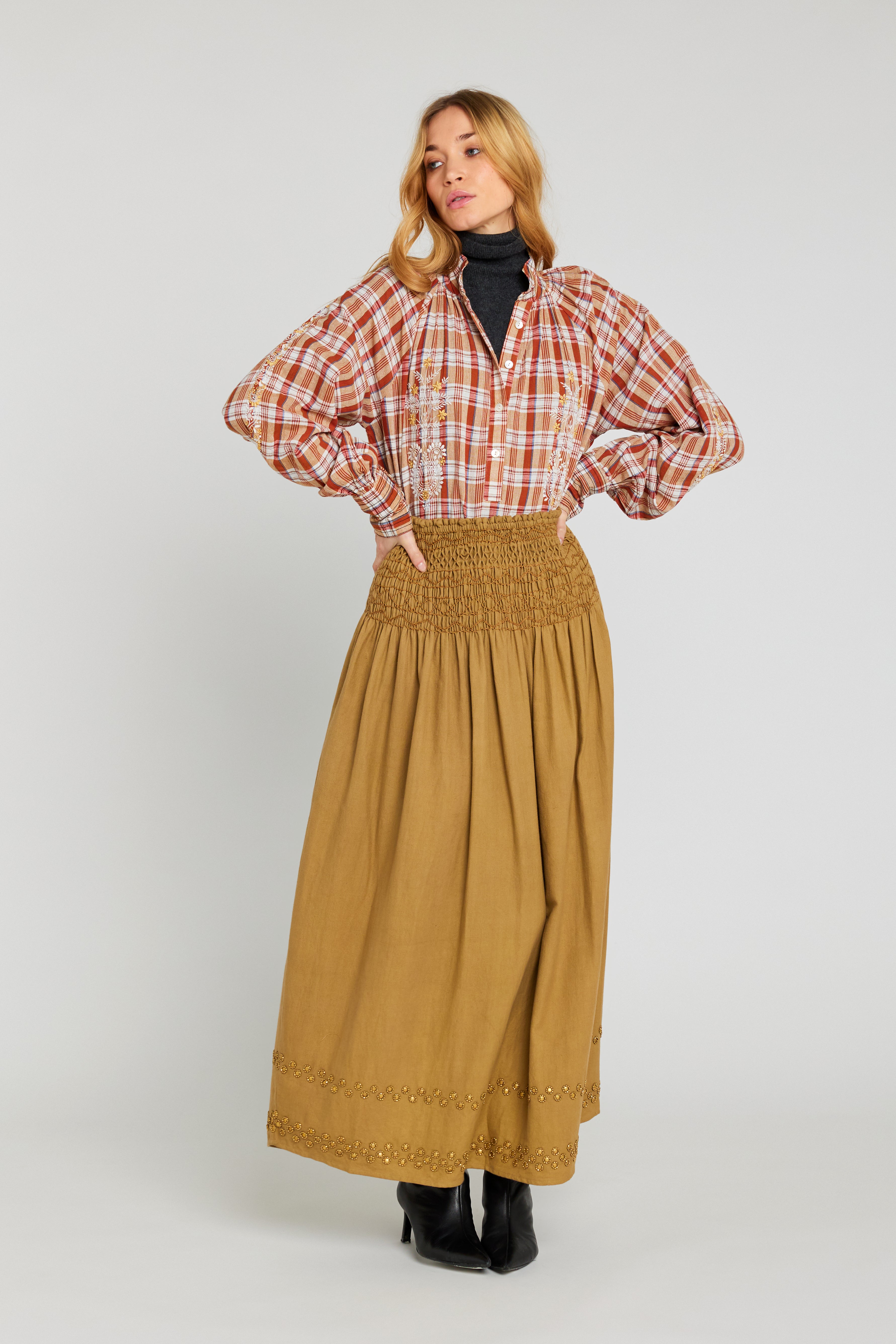 Blouse tartan brique et camel brodée SURPRISE