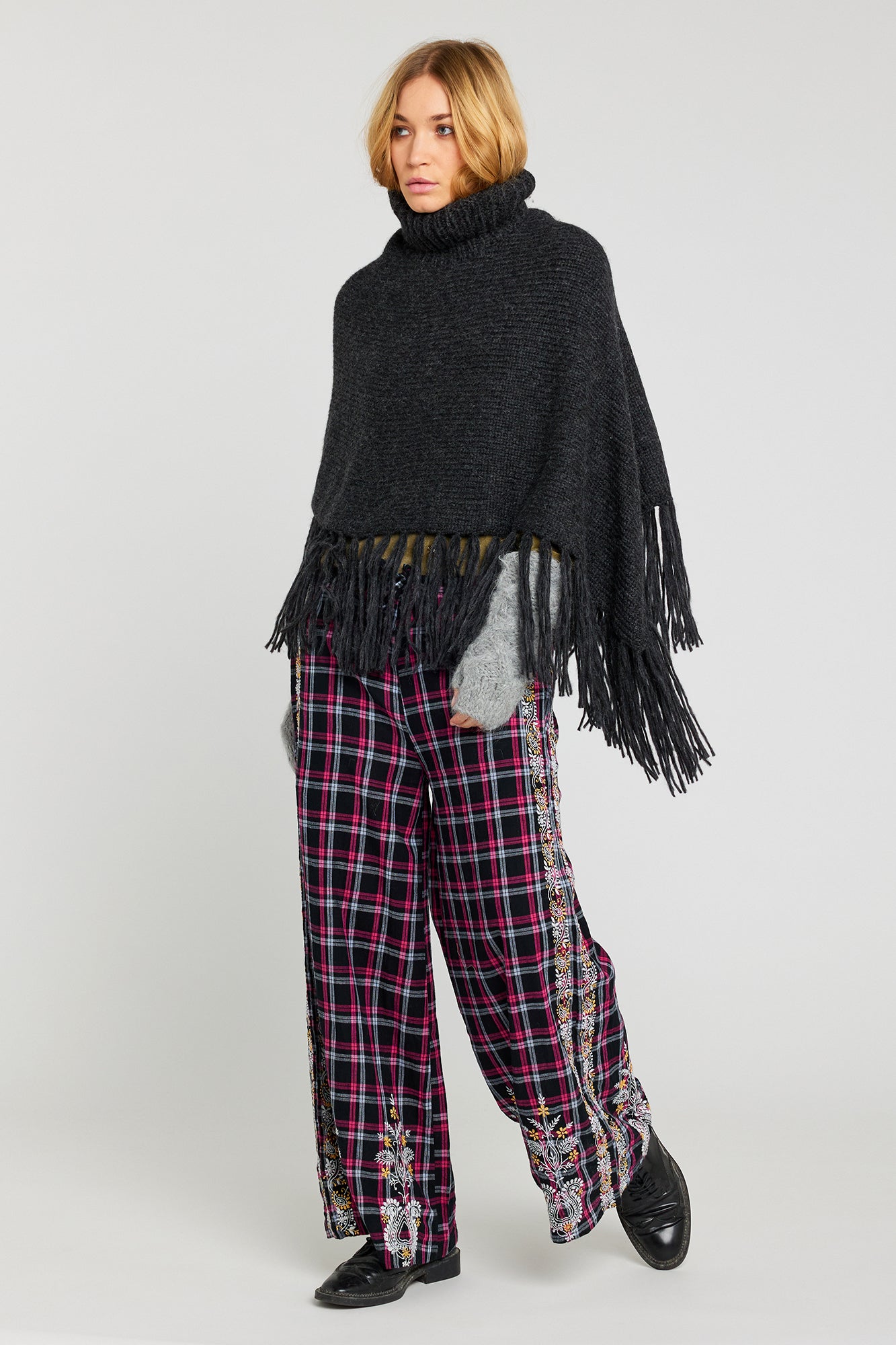 SURPRISE embroidered black and pink tartan pants