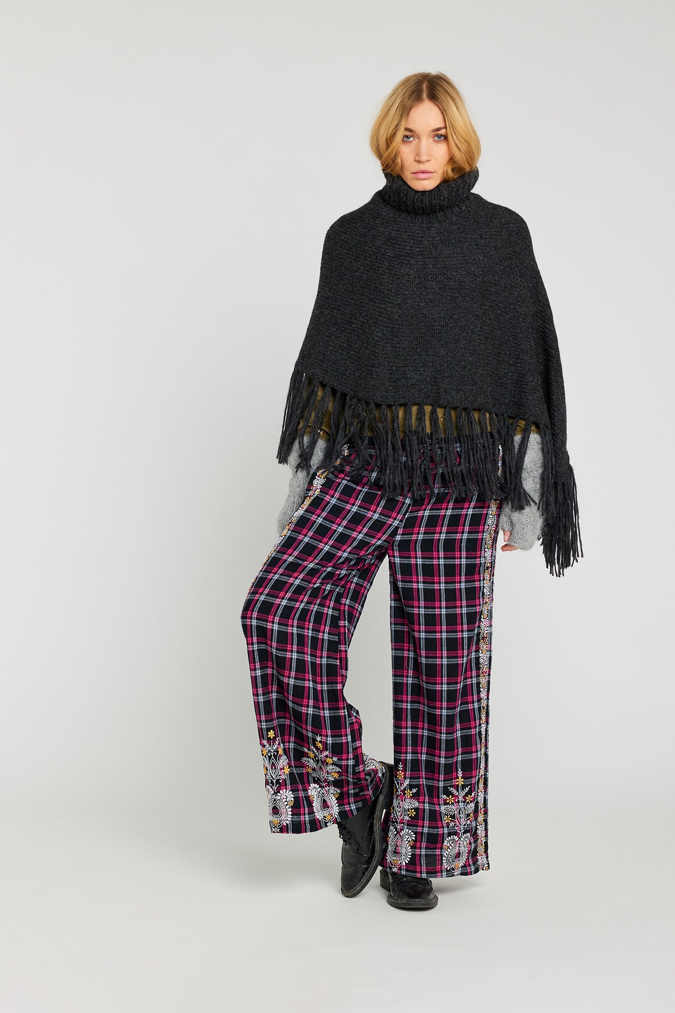 SURPRISE embroidered black and pink tartan pants