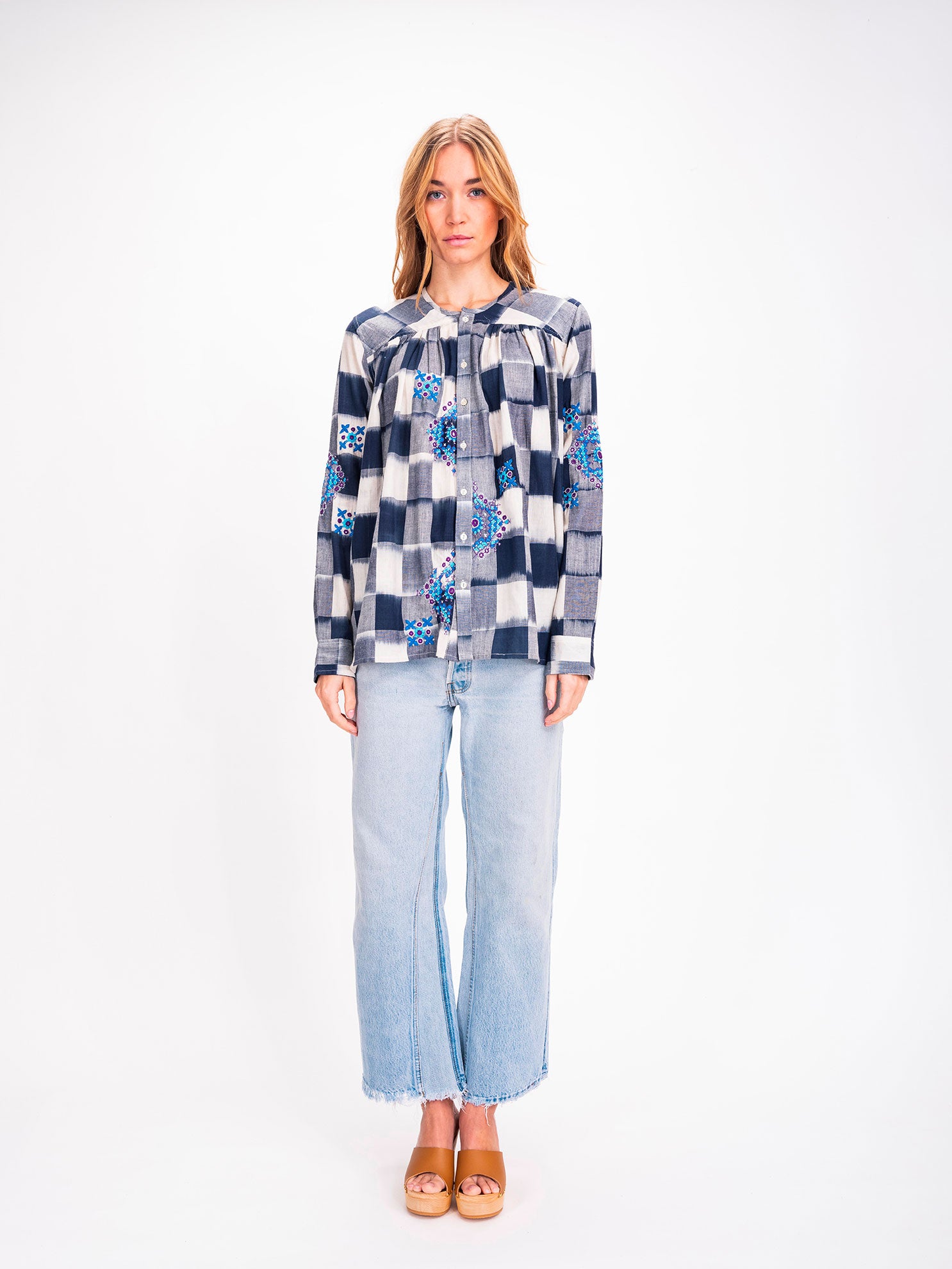 Inji Ikat Embroidered Indigo Tie and Dye Checkered Blouse