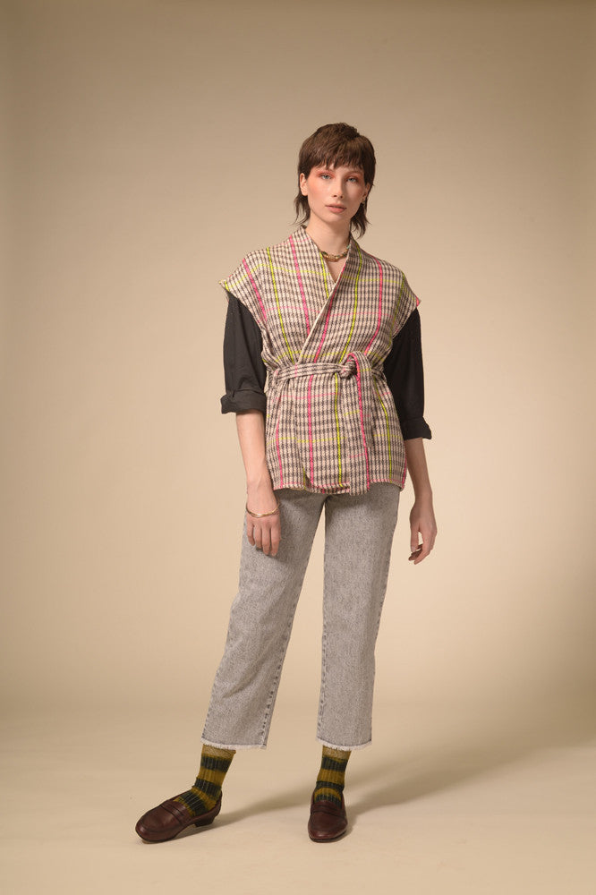Manali woven tartan sleeveless kimono