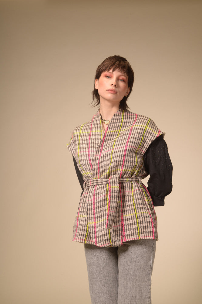 Manali woven tartan sleeveless kimono