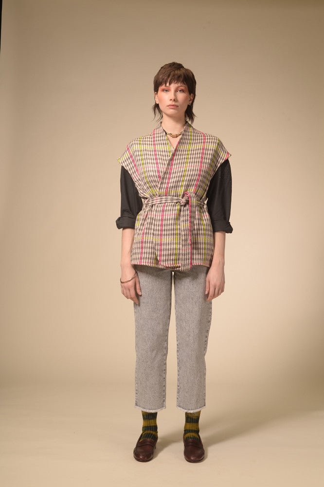 Manali woven tartan sleeveless kimono