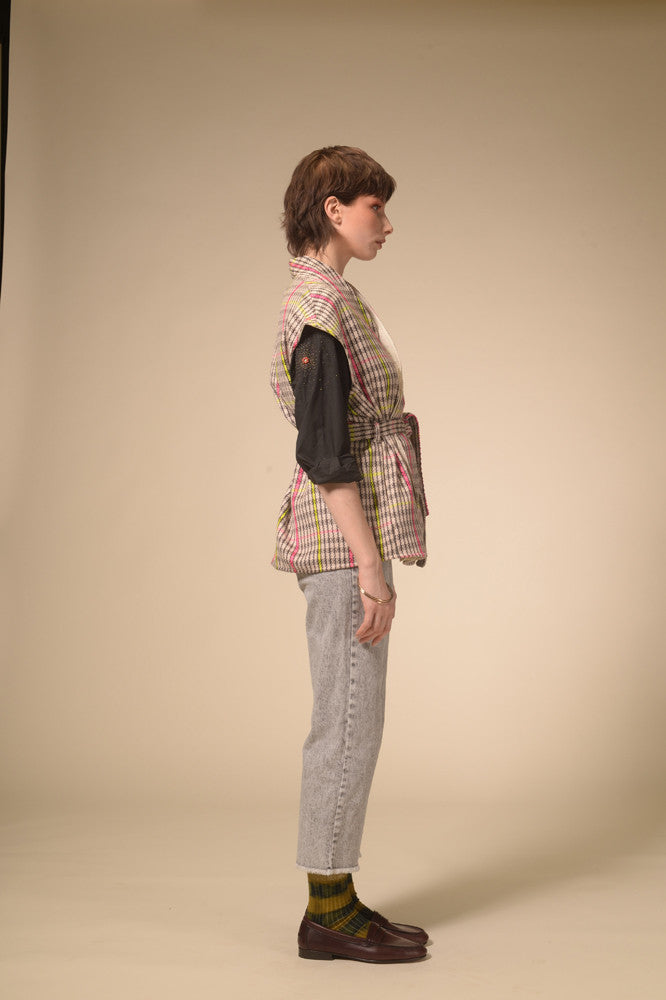 Manali woven tartan sleeveless kimono