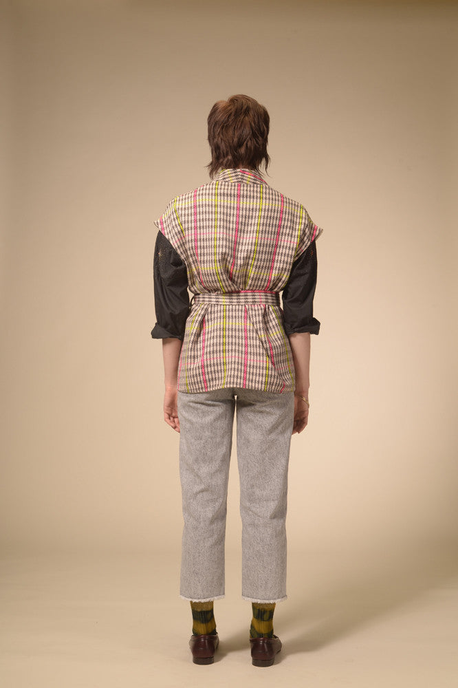 Manali woven tartan sleeveless kimono