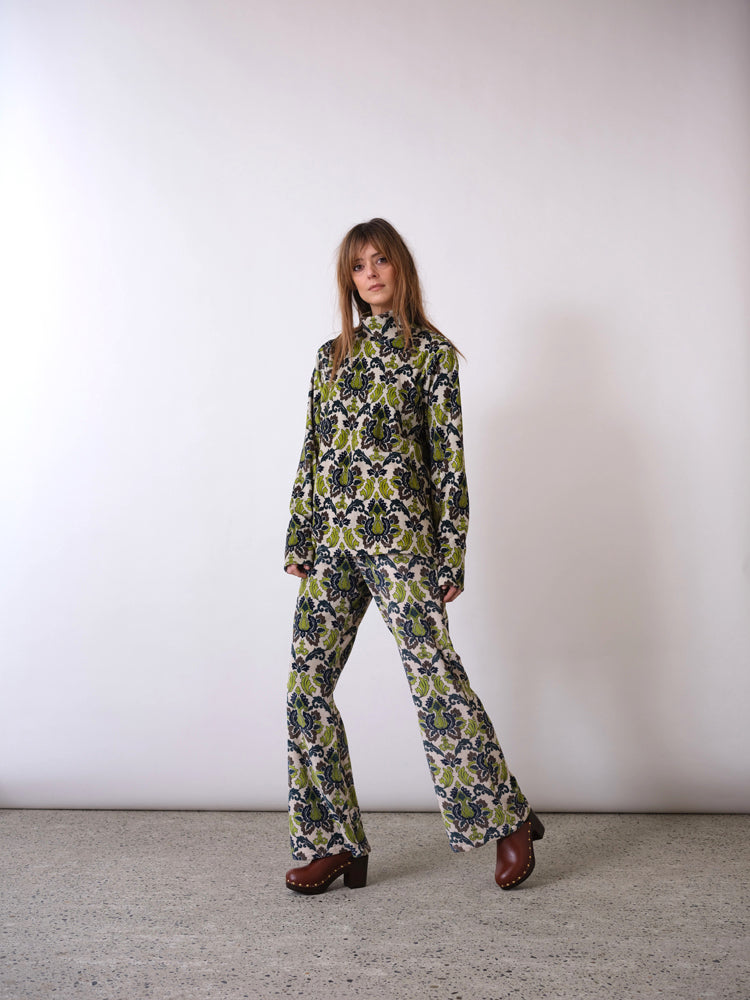 Tapestry khaki printed velvet stretch pants