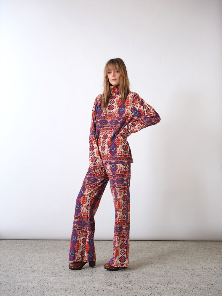 Tapestry red velvet high-neck sweater