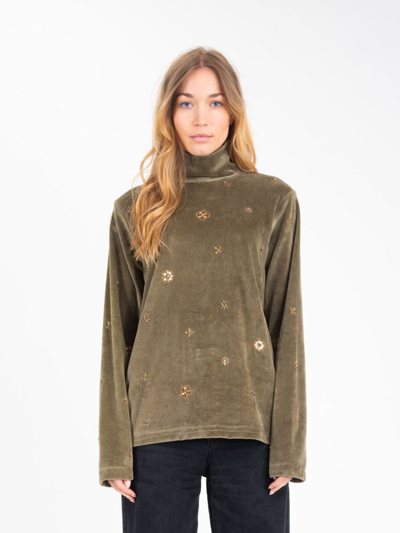 PROUD Pearl-Embellished Velvet Turtleneck Sweater