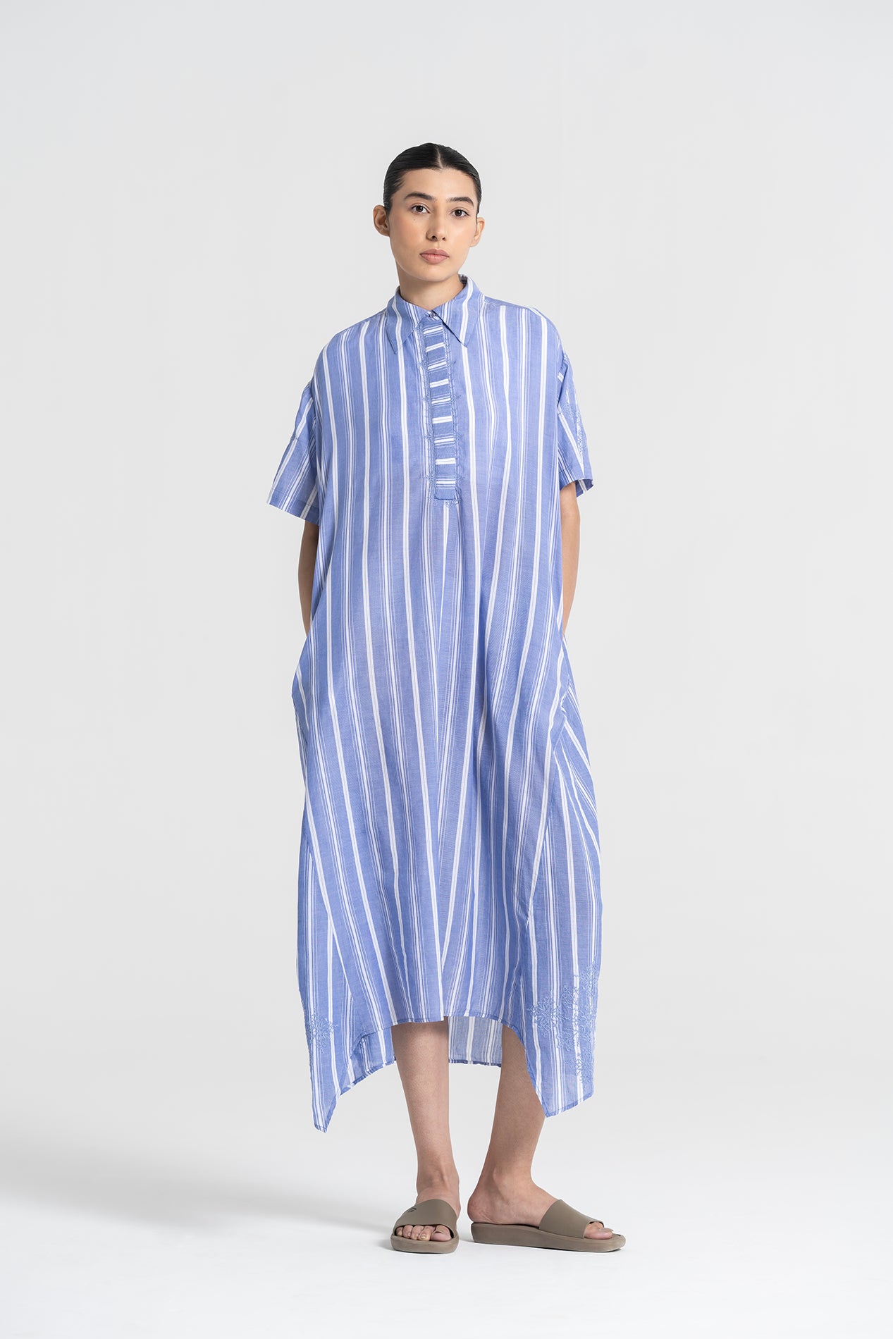 BRASILIA Embroidered Blue Striped Dress