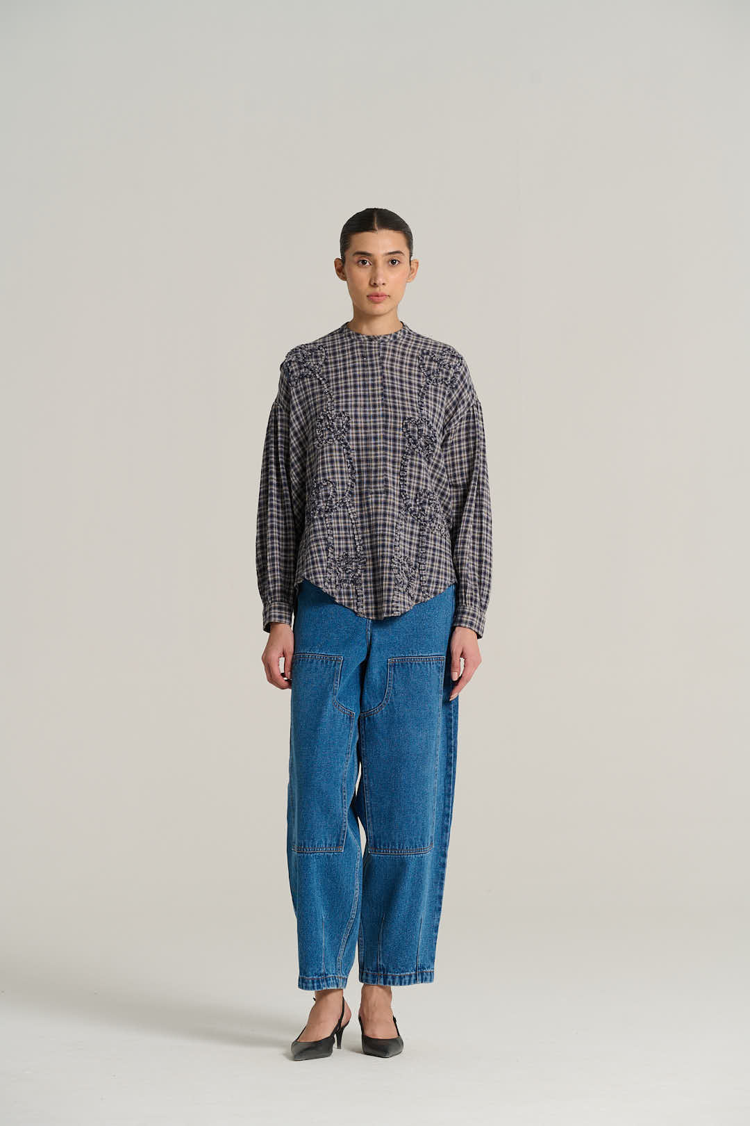Chemise col mao tartan bleu marine PABLO