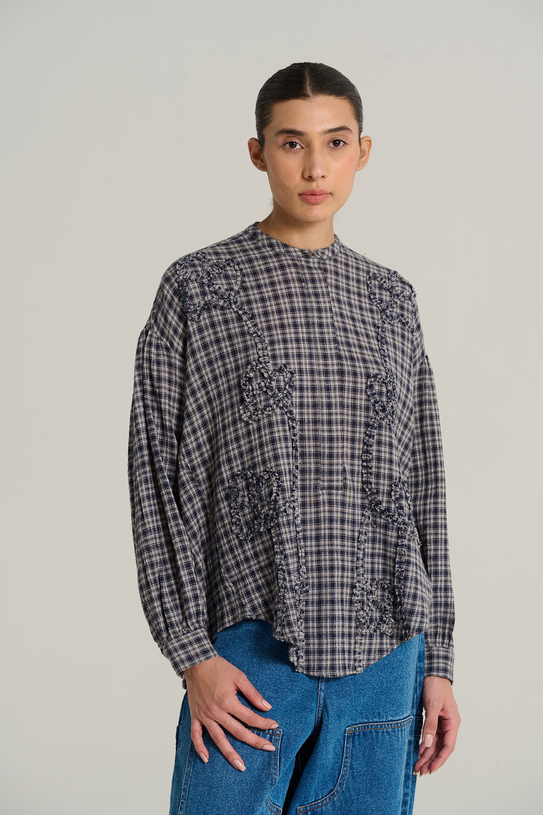 Chemise col mao tartan bleu marine PABLO
