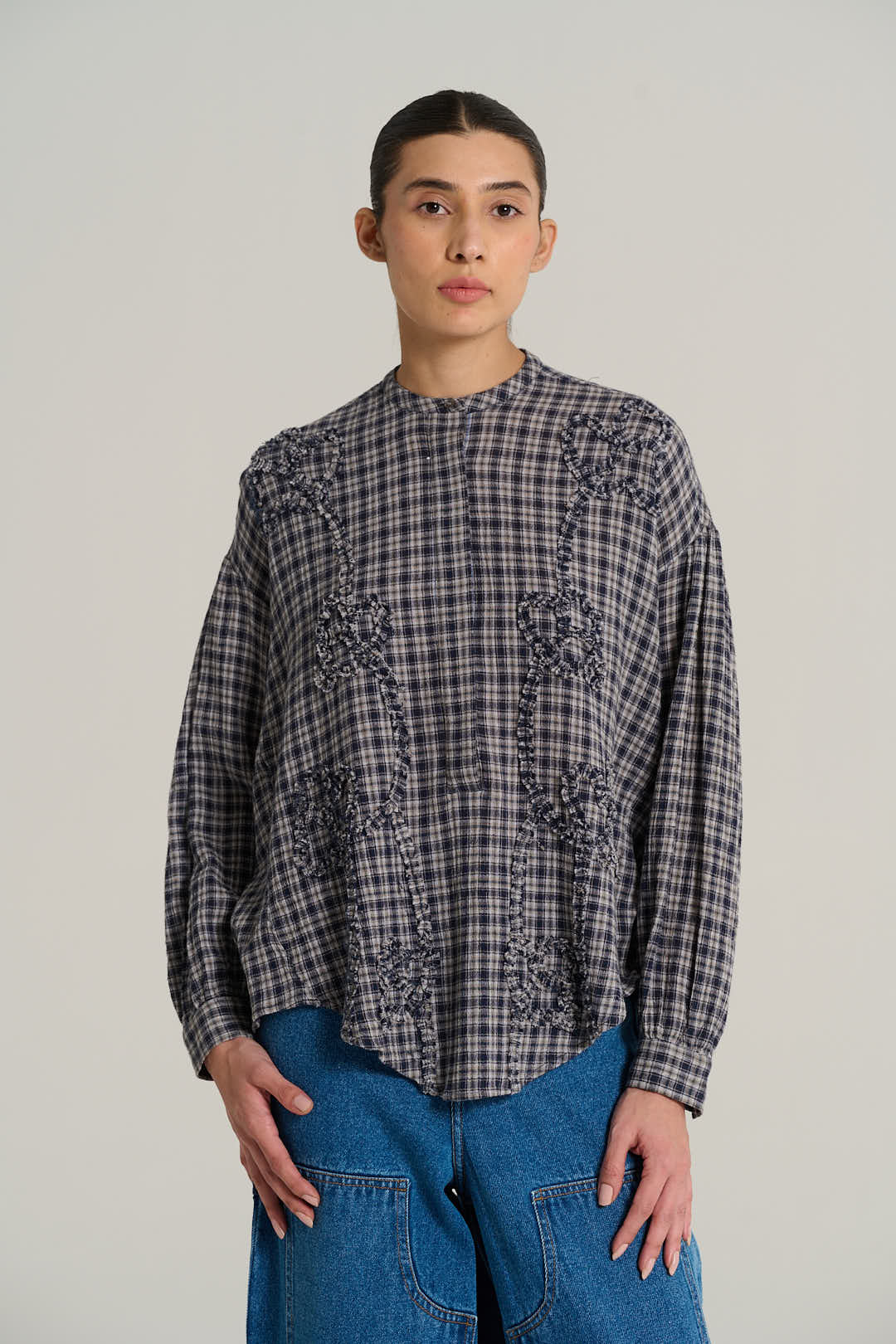 Chemise col mao tartan bleu marine PABLO