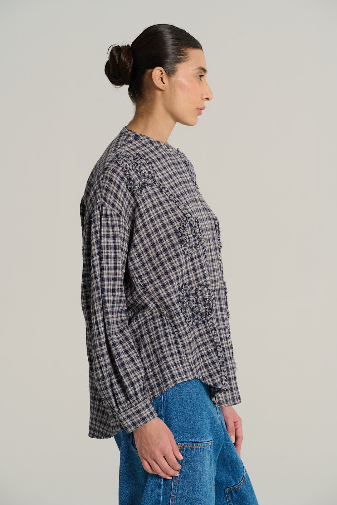 Chemise col mao tartan bleu marine PABLO
