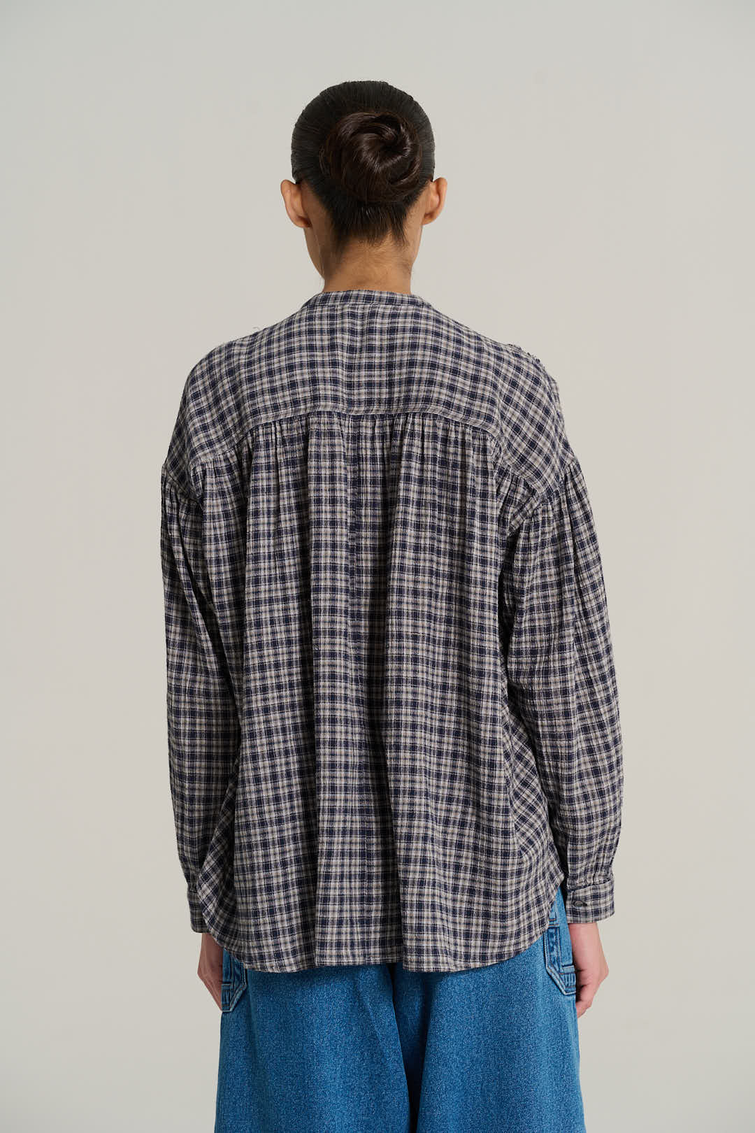 Chemise col mao tartan bleu marine PABLO