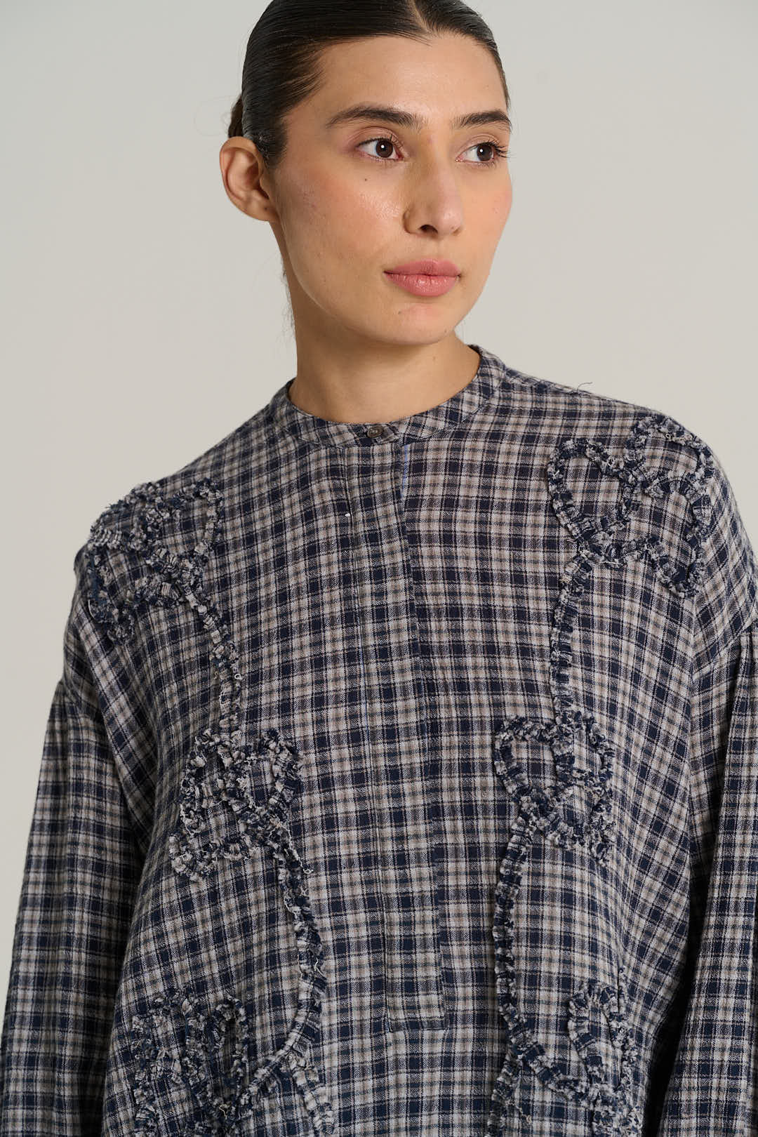 Chemise col mao tartan bleu marine PABLO