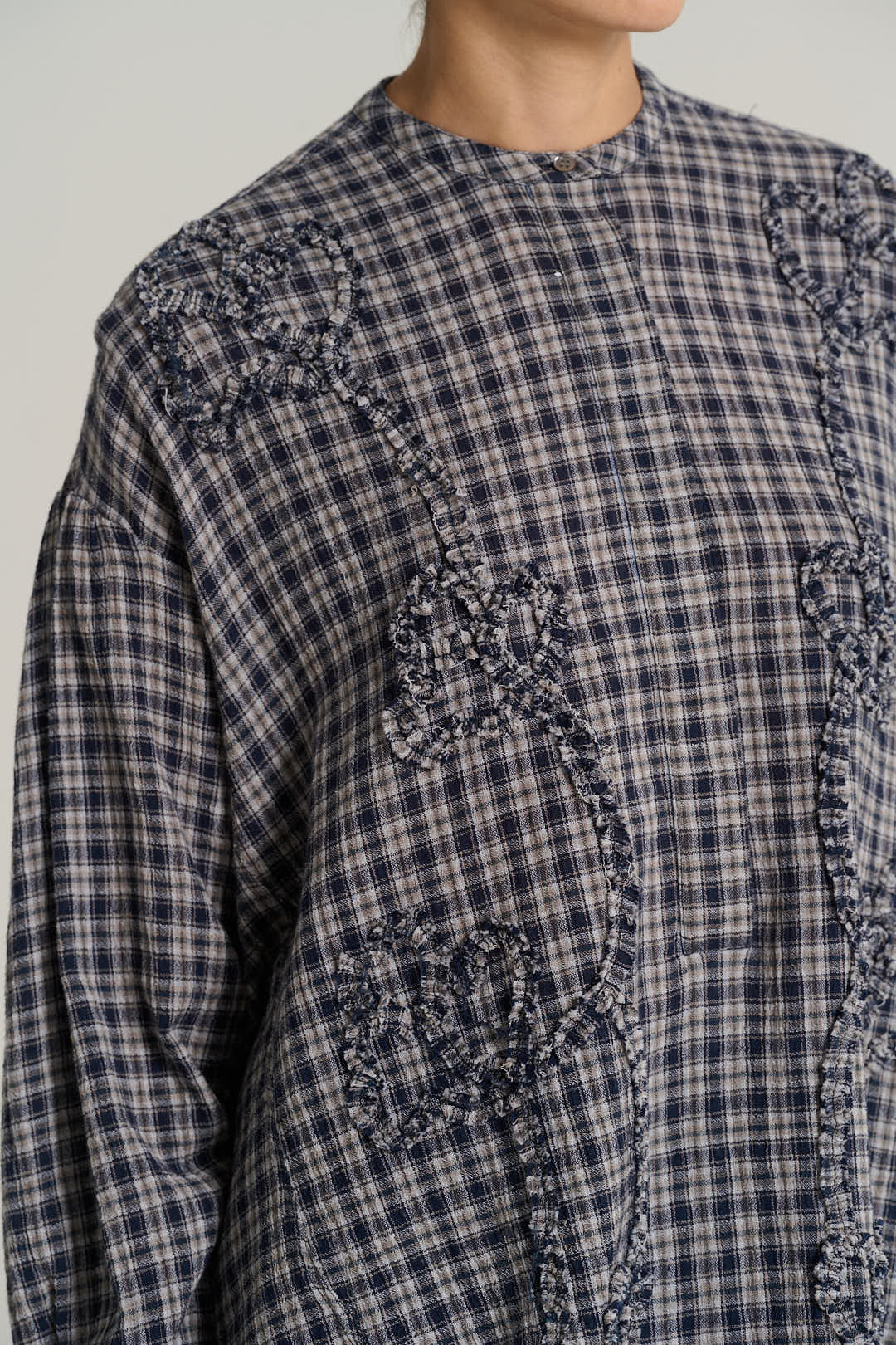 Chemise col mao tartan bleu marine PABLO