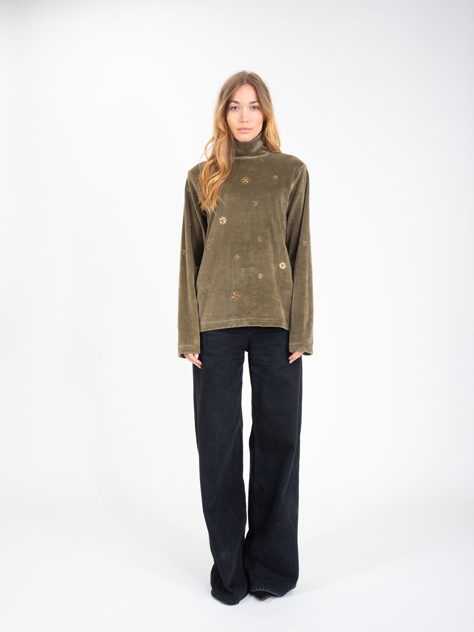 PROUD Pearl-Embellished Velvet Turtleneck Sweater