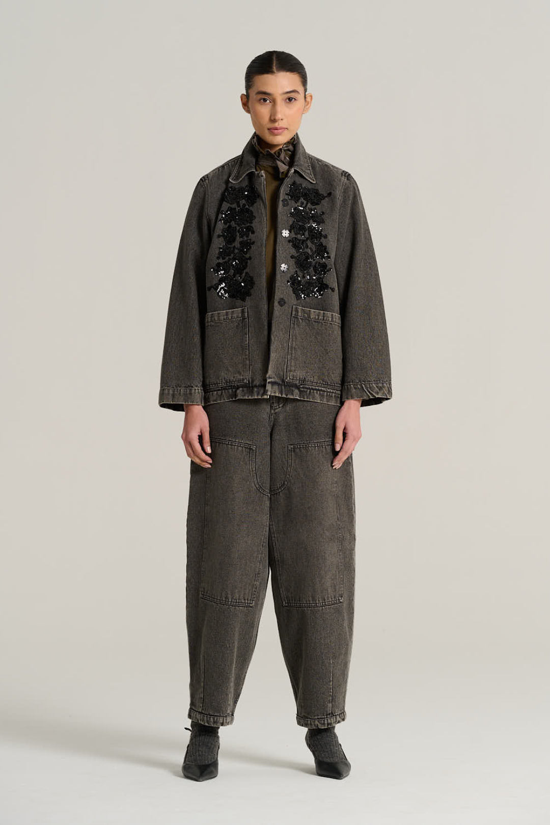 Embroidered black denim jacket EMILE