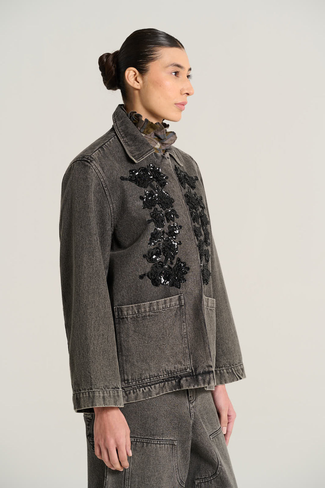 Embroidered black denim jacket EMILE