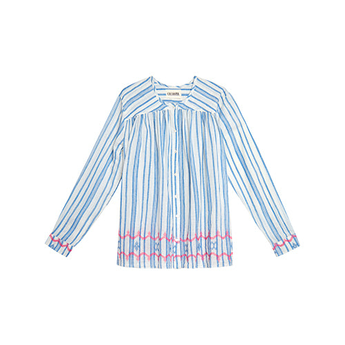 Blouse en voile de coton brodé bleu Jamdeni