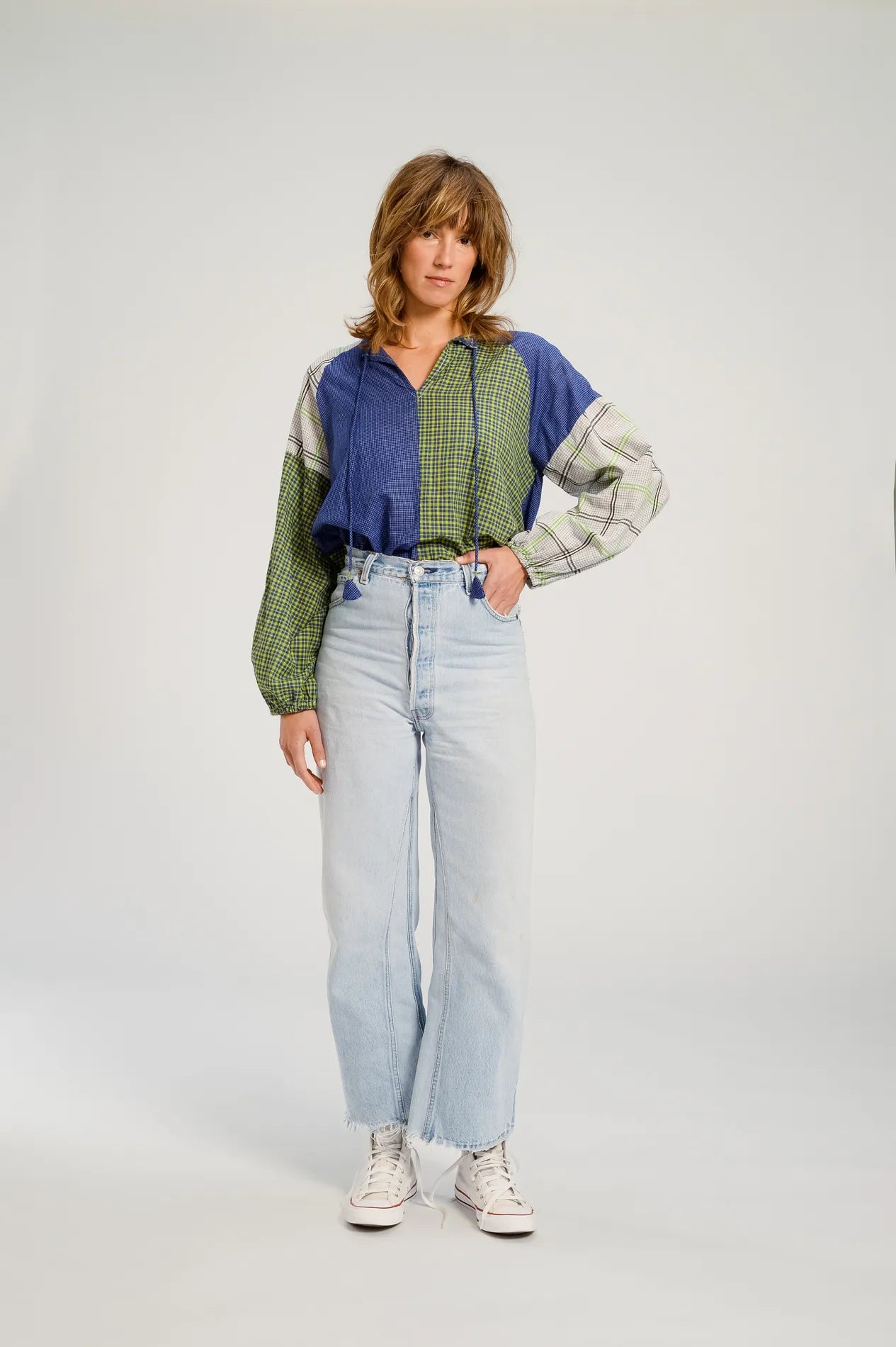 PUSHKAR blue patchwork blouse