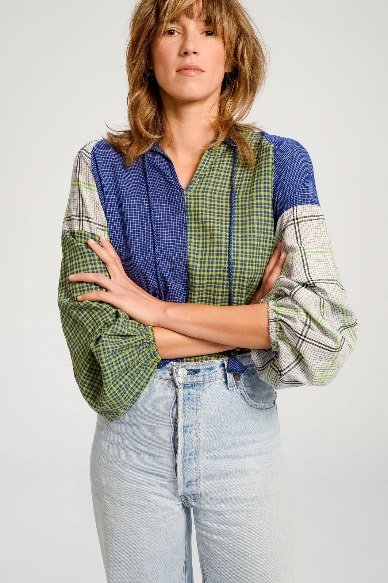 PUSHKAR blue patchwork blouse