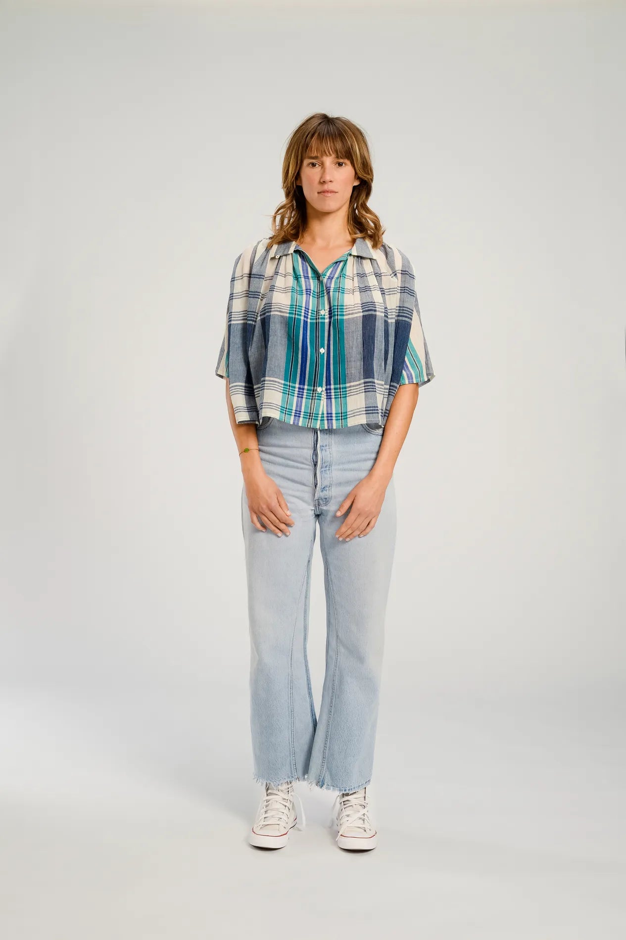 Blouse bleue à carreaux SAKAI