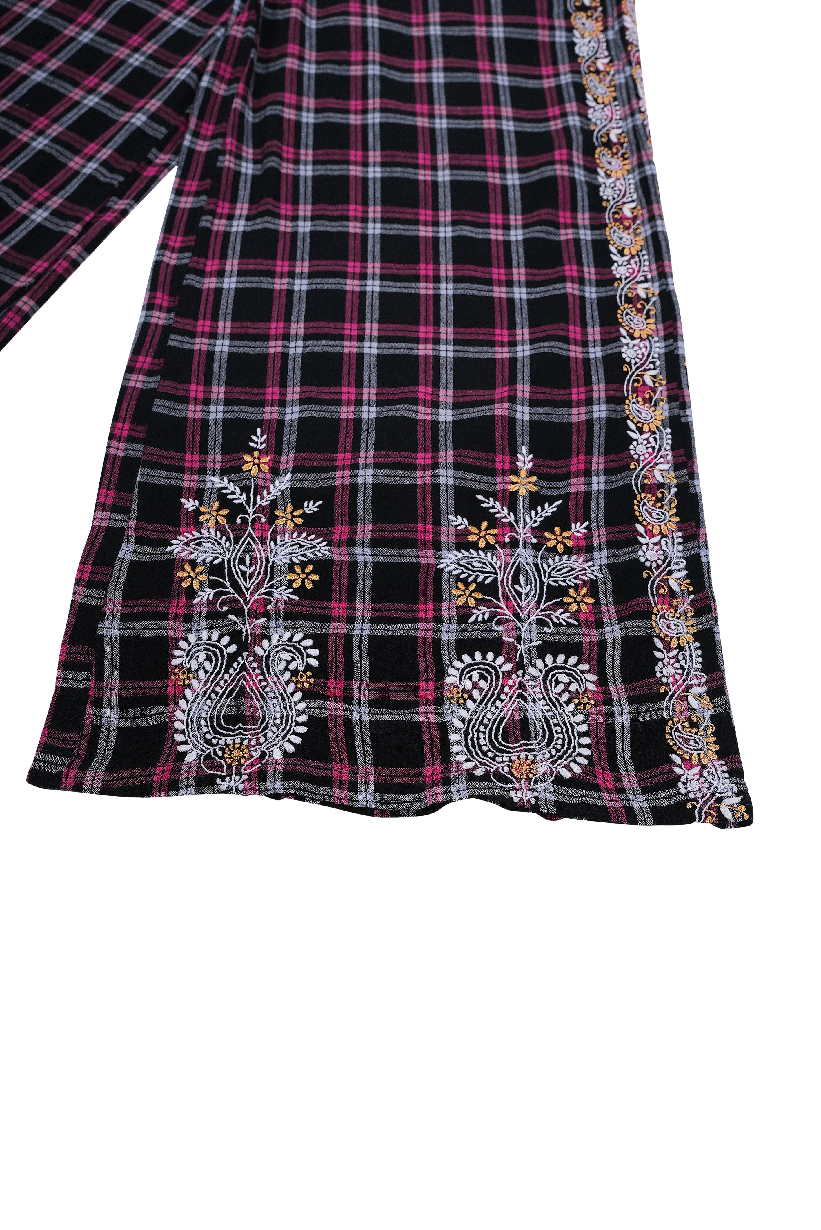 SURPRISE embroidered black and pink tartan pants