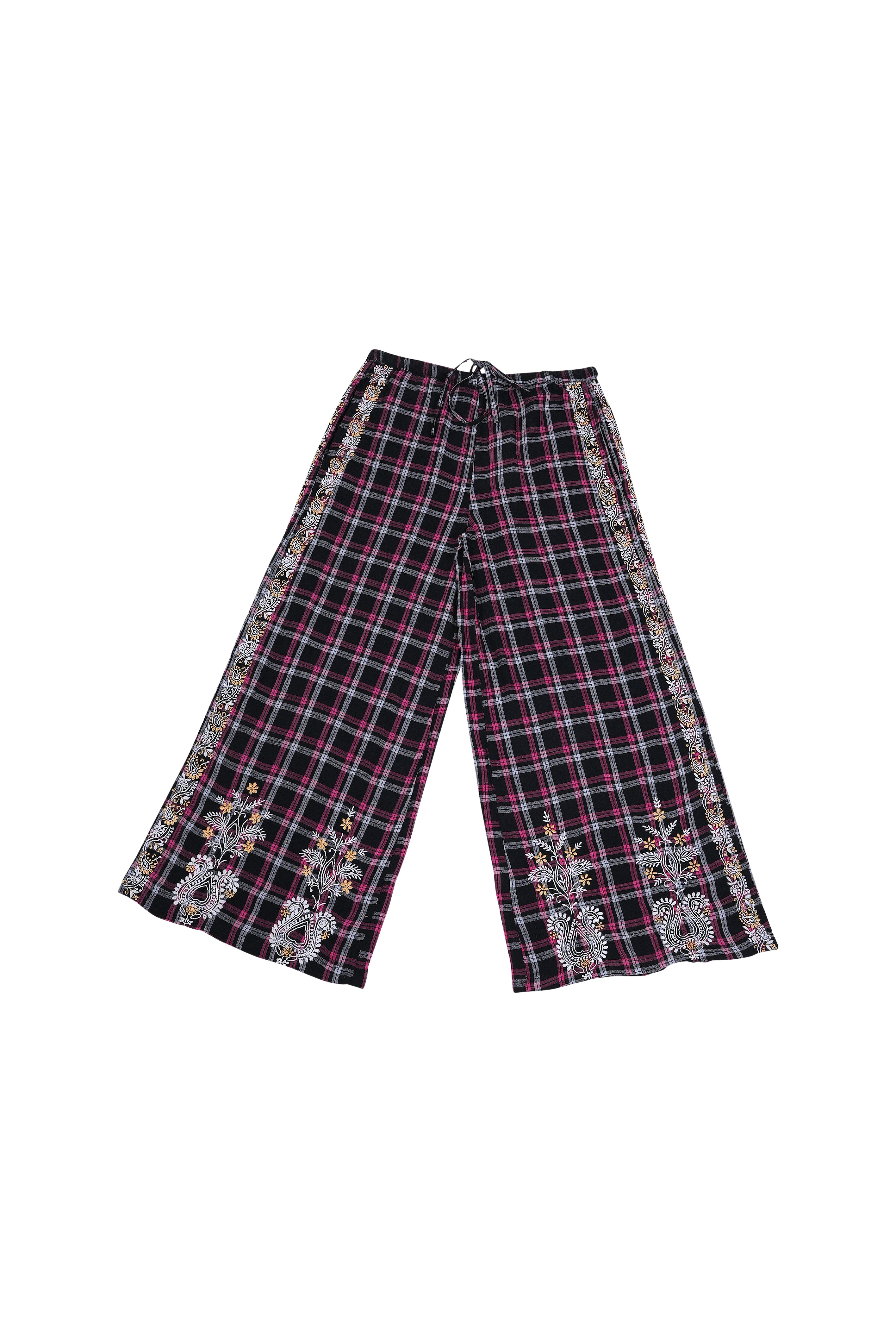 SURPRISE embroidered black and pink tartan pants