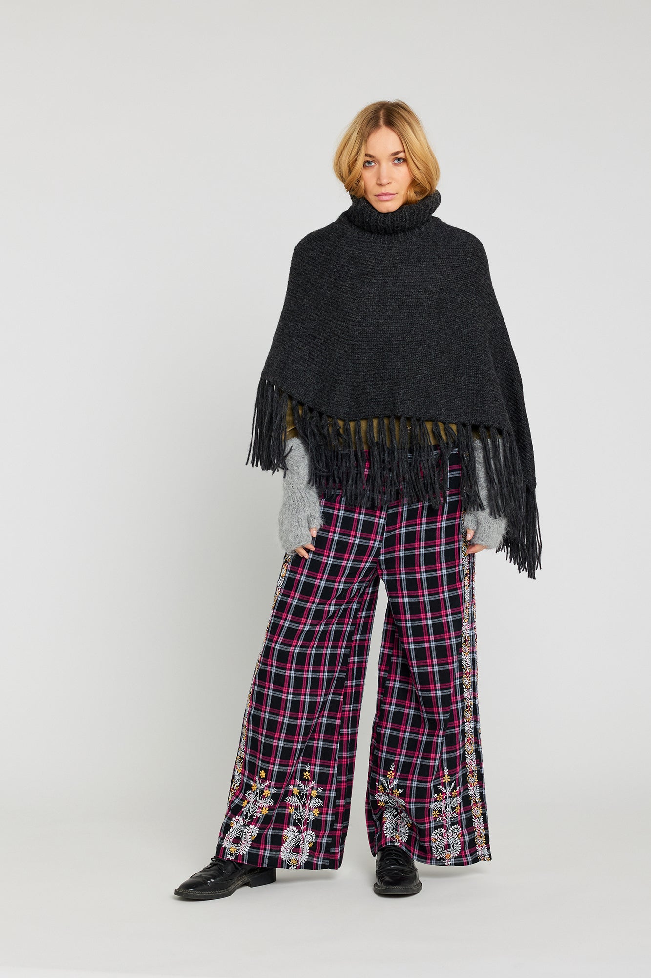 SURPRISE embroidered black and pink tartan pants